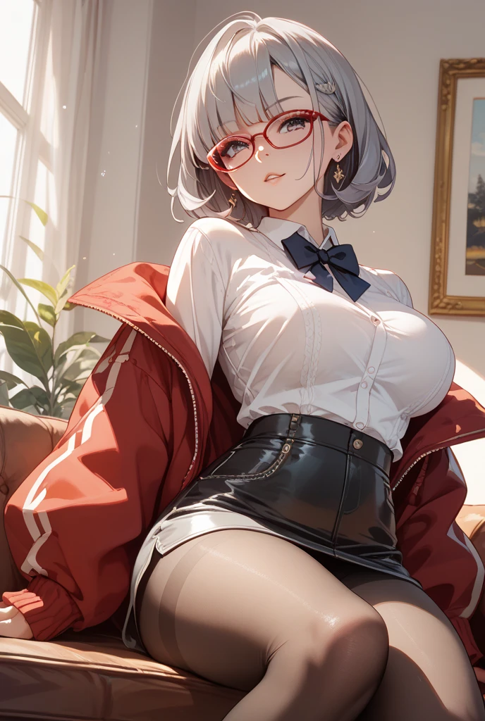 High image, Super Detail, High resolution, Anime, Manga, Illustration, Black Knee High Socks, thighs thighs thighs thighs, Unbuttoned white shirt, Black tight mini skirt, Glasses, Intelligent beauty, Laugh mischievously, Happy, Shy, Seductive moist ajar red lips, Ecstatic expression, Amorous expression, Seductive look, Flowing layered Messy medium short white hair, Sparkling blue eyes, Huge breasts, under the boobs, great proportion, perfectly proportions, slender, Full body