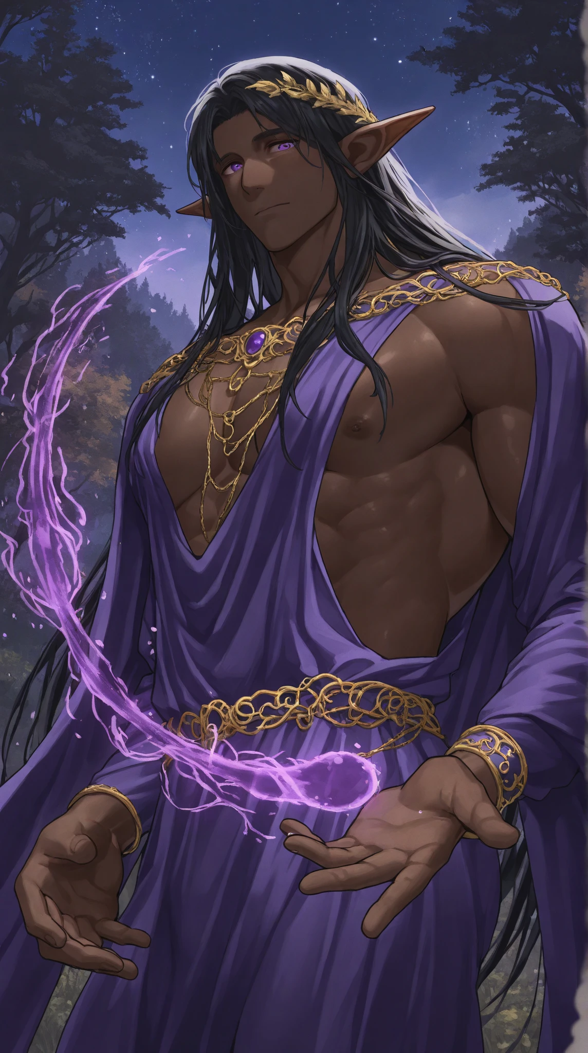 Vampire Species. green eyes. Medium length purple and black hair. tall height(2M). Muscular and very strong.  Aztec General&#39;s Clothes. standing alone, standing. Japanese anime style.
