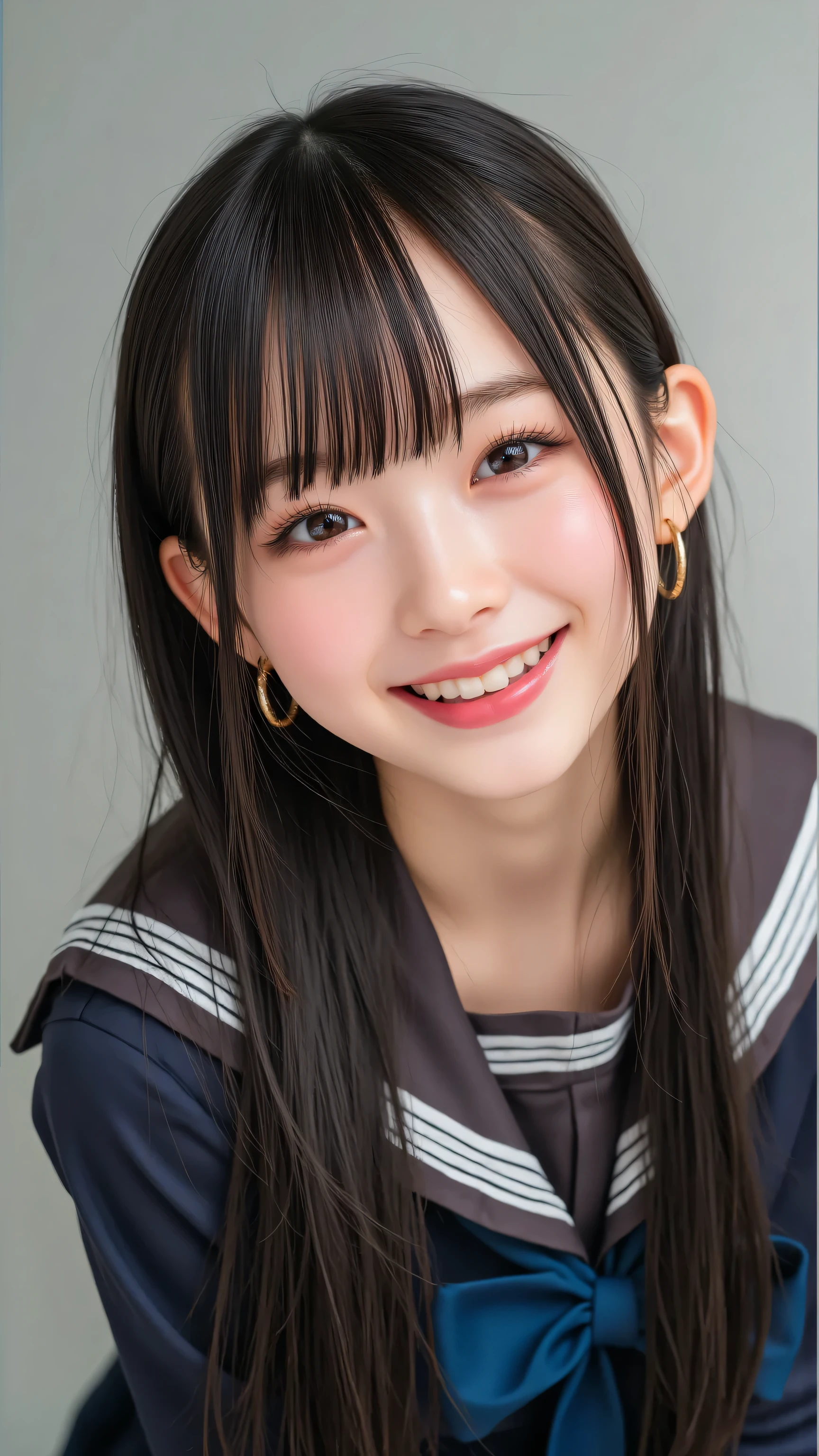 A high-resolution, photorealistic image of a Japanese school girl bathed in golden sunlight, facing forward with a radiant, joyful smile, her eyes meeting the viewer’s. Her long, straight black hair shines, and her traditional navy sailor-style school uniform stands out against a clean, minimalist background with subtle gradients. Soft bokeh, highly detailed, realistic textures, vibrant colors, 8K resolution, Character sheet, three view drawing, simple background