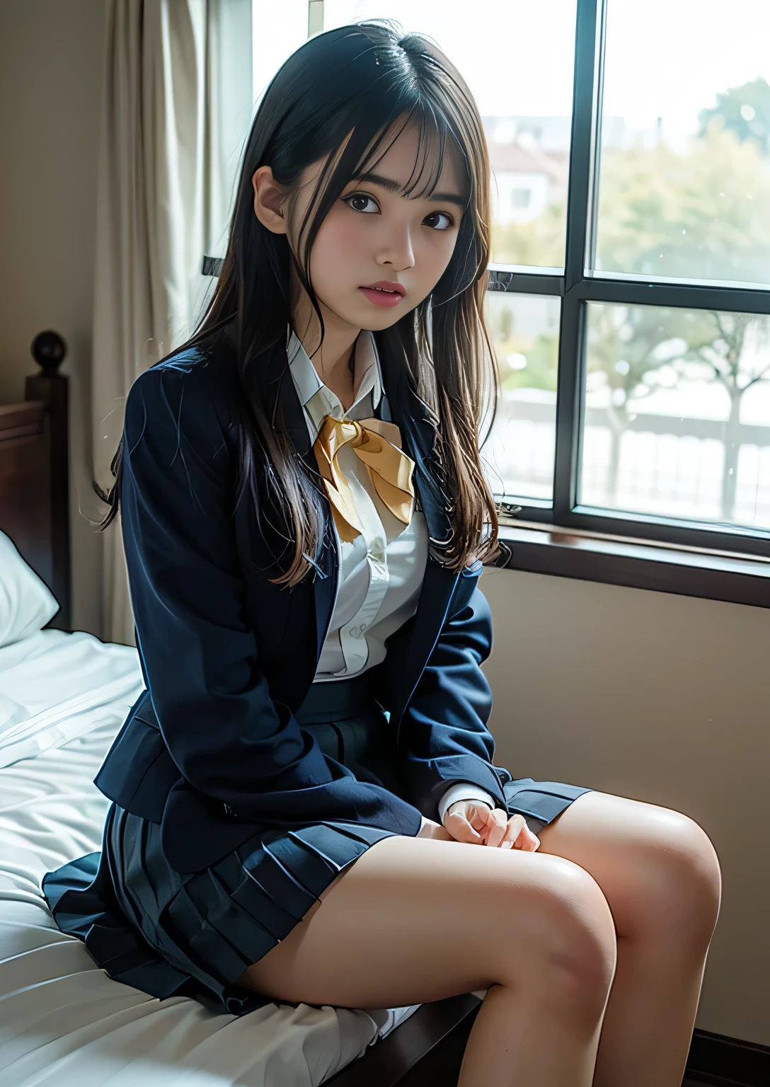 (masterpiece:1.2), super high quality, japanese girl, (super realistic), (super photographic style), 1girl, ((full body)), at noon, fine day, straight hair, (18 years old), (((legs))), large tits, (cute face), (((school uniform))), lying on her back on a bed, head on the pillows, view from sky above, ((closed eyes)), ((legs spread)), both hands on her head,