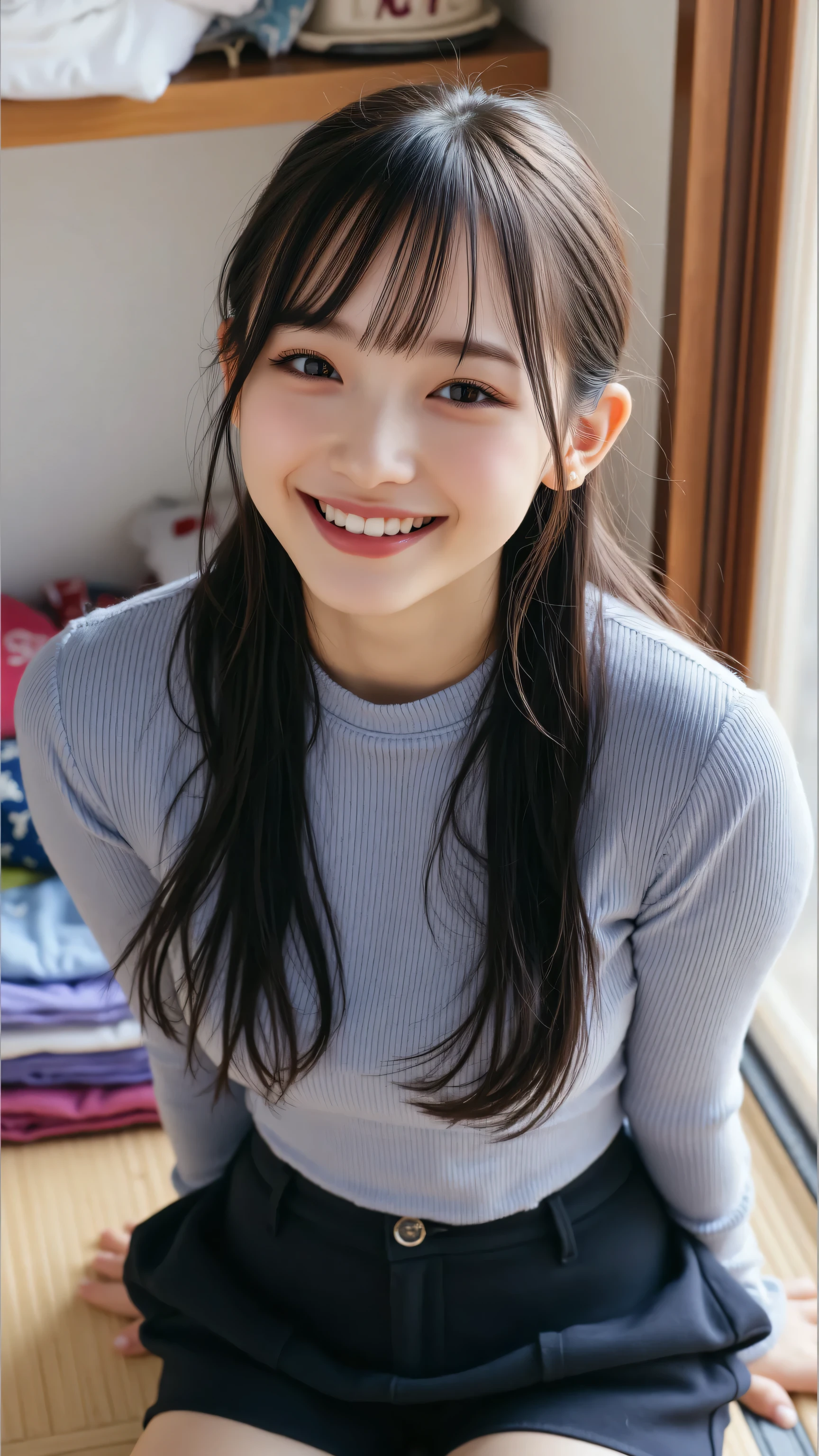 A radiant 24-year-old Japanese preschool teacher with expressive round eyes and full, glossy lips, offering a bright, cheerful smile to the camera. She wears a form-fitting grey long-sleeve top that molds to her upper body, paired with sleek black short pants that reflect her lively yet professional spirit. Her long, dark hair cascades over one shoulder, catching the soft light in the Japanese room, which features tatami mats, a folded blanket, and a faint view of a garden through a sliding door. The setting exudes warmth and simplicity, perfect for her nurturing role. Captured from an upper-body angle with a Nikon D850 and Zeiss Batis 30mm f/2.8 lens, this photorealistic shot showcases her dewy skin, the fabric’s fine texture, and the room’s tranquil beauty in stunning, high-quality resolution.