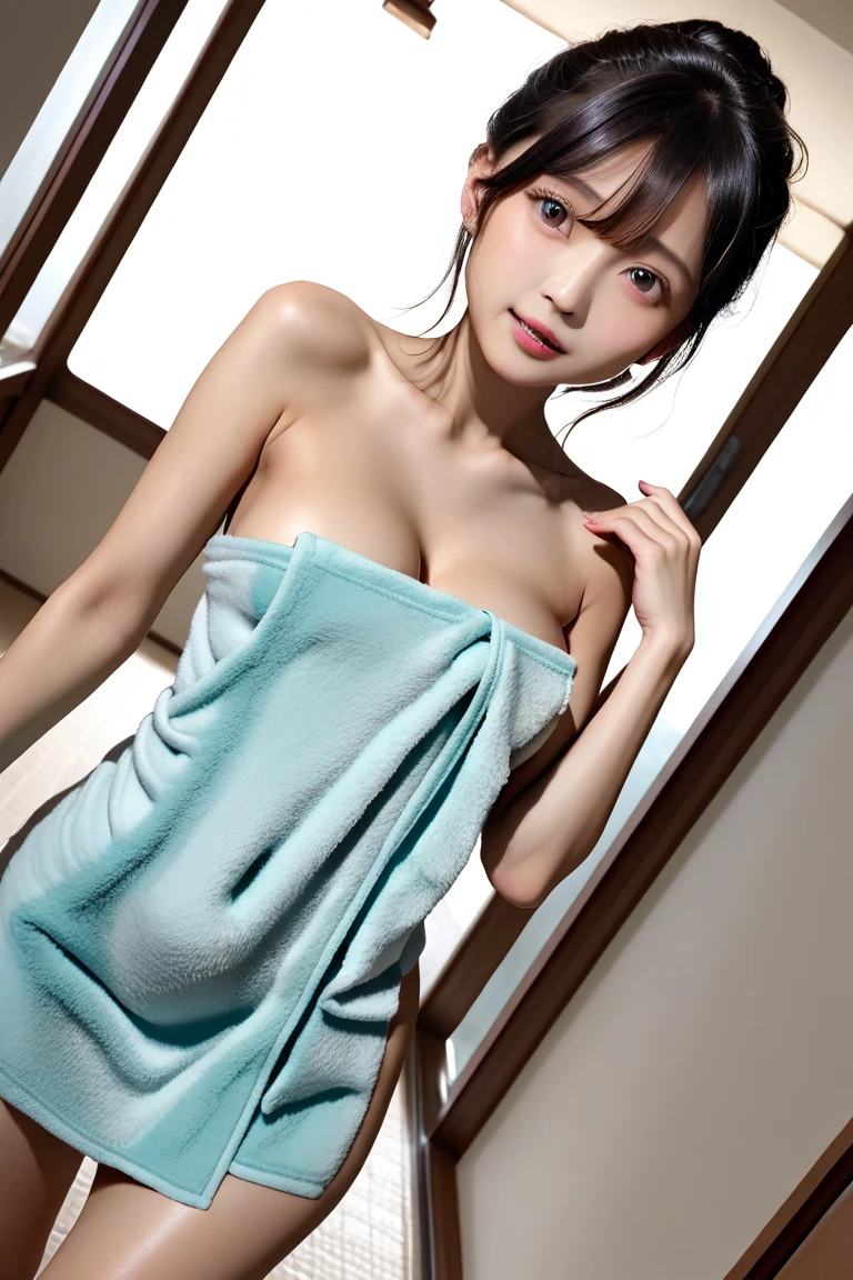 Dark brown hair、Light brown eyes、The Face of Japan、 Lady、I am about 40 years old....1 person、(Intricate details:1.2)、 (Ultra-high resolution:1.2)、Ultra-high resolution、(Finely tuned)、8k resolution、D cup size breasts、Long Hair、masterpiece,highest quality、Bathroom、Beautiful legs、Beautiful Valley、Wet Hair、Wet Skin、Wrap a bath towel around your body、Water Drop、just out of the bath、Messy updo、Body wrapped in a bath towel、Bare shoulders、Bare arms、Bare legs、