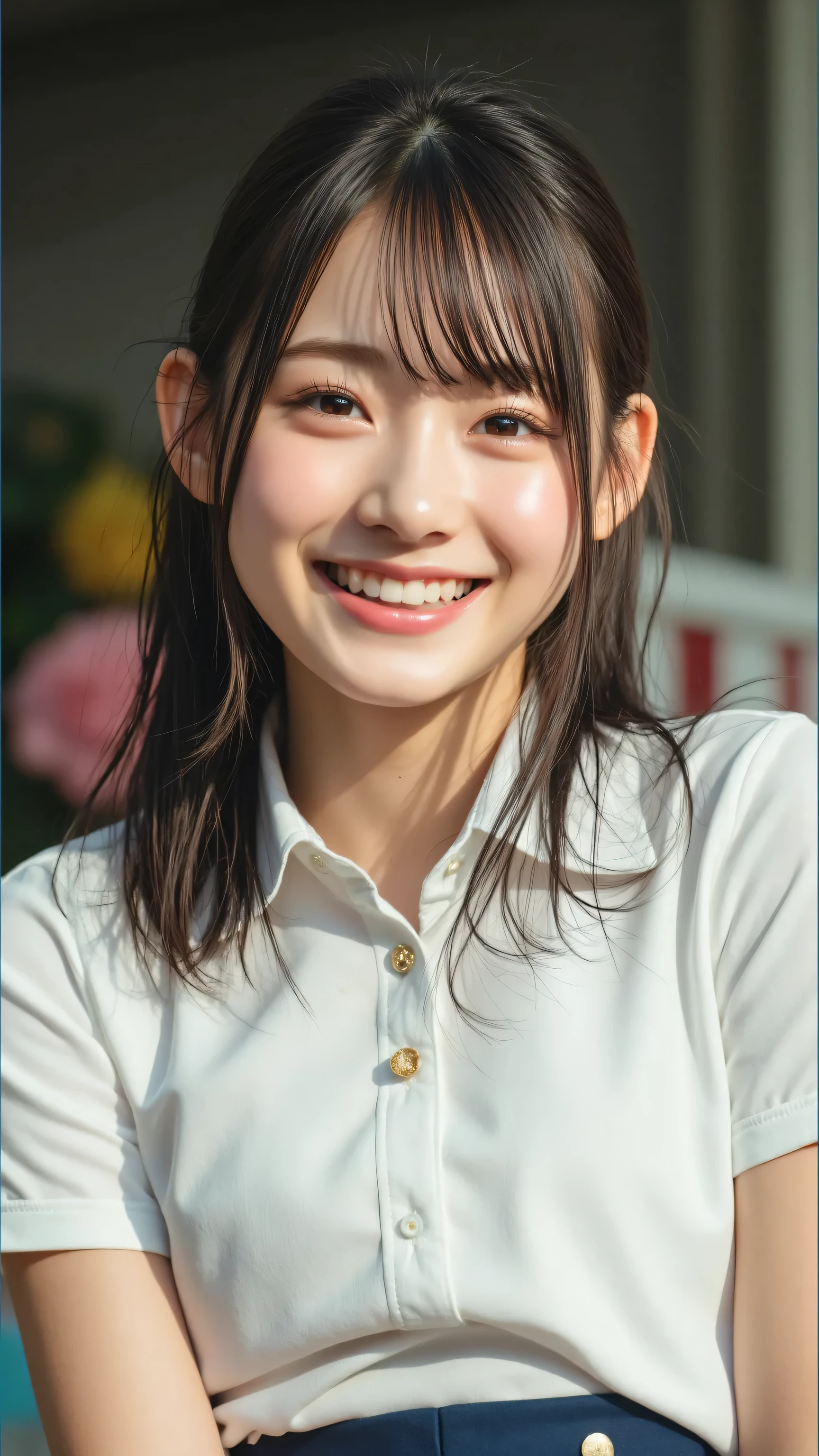 A 18-year-old Japan girl is an idol and sings while dancing on stage with a smile on her face. Look at the camera. The whole body is visible. Beautiful legs