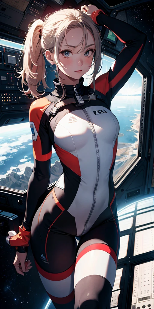 ((Best quality)), ((masterpiece)), (detailed: 1.4), (Absurd), Caucasian woman fighter pilot ready for war, Captain Britain from Marvel Comics, modern medieval armor, muscular sculptural body defined, half-thick bare thighs, closed mouth, only in panties, muscular body covered by technological clothing, Neon Genesis Evangelion style, cyberpunk, generous neckline, ((perfect large breasts)), (blue eyes without pupils), ((very dark red and blue clothing with white stripes)), (((clothing based on the flag of the United Kingdom)))), (((very short black hair, shaved on the sides)))), (thin white stripes left blue covering the breasts), (red and white stripes on the arms), ((lightning ray drawings on the arms)), long manga-style eyelashes, short underwear, garter belt, by mucha, niji --V5, next to the real one, psychopath, crazy face, sexy pose, background with a giant Gundam style robot head, 2 piece clothing, shoulder pads, airplane wings on the back, pastel, centered, scale to fit dimensions, HDR (High Dynamic Range),Ray Tracing,NVIDIA RTX,Super-Resolution,Unreal 5,Subsurface dispersion, PBR texture, Post-processing, Anisotropic filtering, Depth of field, Maximum clarity and sharpness, Multilayer textures, Albedo and specular maps, Surface shading, Accurate simulation of light-material interaction, Perfect proportions, Octane Render, Two-tone lighting, Wide aperture, Low ISO, White balance, Rule of thirds, 8K RAW, crysisnanosuit