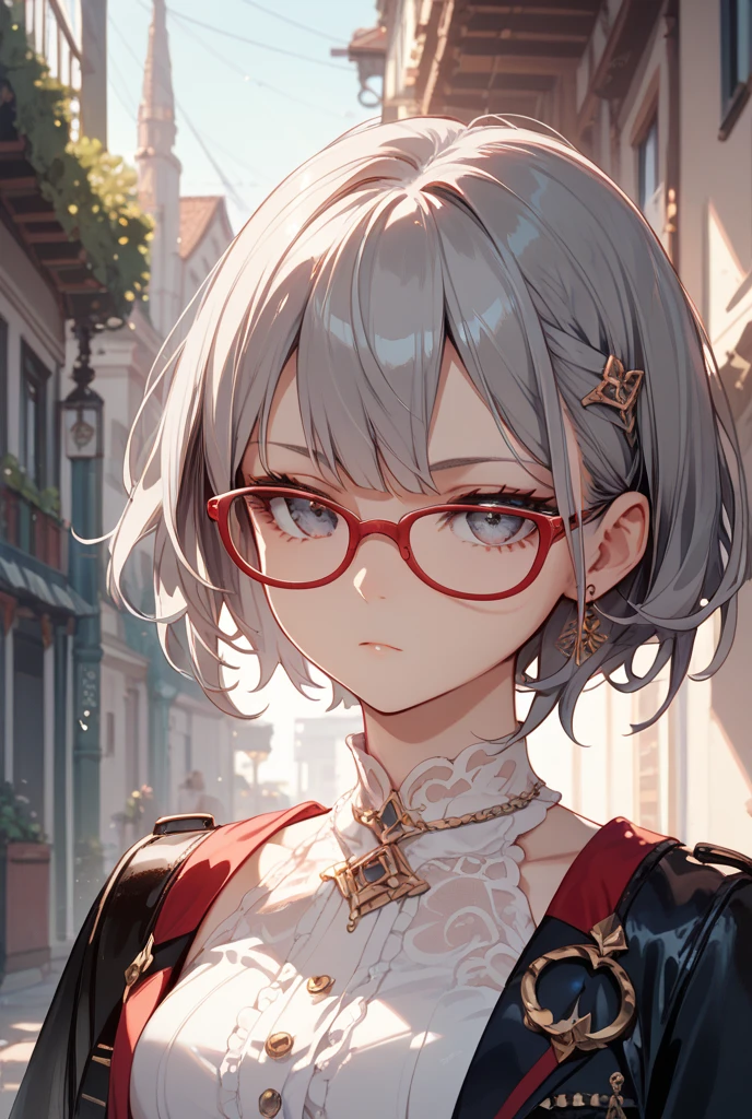 masterpiece, concept art, centered, close up shot, like selfies, head to toe((must)), aschgray haired early 20's Russian girl, cyberpank fashion, wearing simple eyeglasses, background is mochabrown