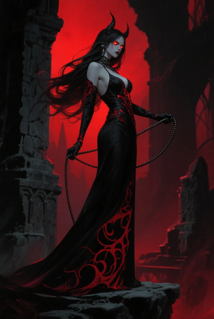 A tall mature (vampire:1.25)_goddess, (blood-red:1.13) eyes gleaming with (cunning:1.10) and (seduction:1.02). Her (jet-black:1.20) hair cascades down to her (slender:1.23) waist, framing her (pale:1.17) face and (sharp:1.19) cheekbones. Her lips, (deep crimson:1.03), slightly part to reveal (gleaming:1.16) fangs. Her body is draped in a (gossamer:1.08) gown that accentuates her (graceful:1.10) curves and the (vibrant red:1.01) of her corset. She stands in the heart of an (ancient:1.04) (castle:1.20), grand staircases, stone arches, and (flickering:1.07) torches casting long shadows. The outside seen through towering windows is a (nighttime:1.22) landscape under a (full moon:1.12). The color palette focuses on (deep blacks:1.12), (rich reds:1.02), and (moonlit whites:1.20). Composition: (low angle view:1.09), (centered focus:1.15), (high contrast:1.06), (shadow play:1.19), (soft edges:1.18) warm color palette, dramatic shadows, vivid hues, soft ambient light, glowing skin tone, (8K:1.37), (Ultra high res:1.35), (photorealistic:1.38), (official art:1.36)