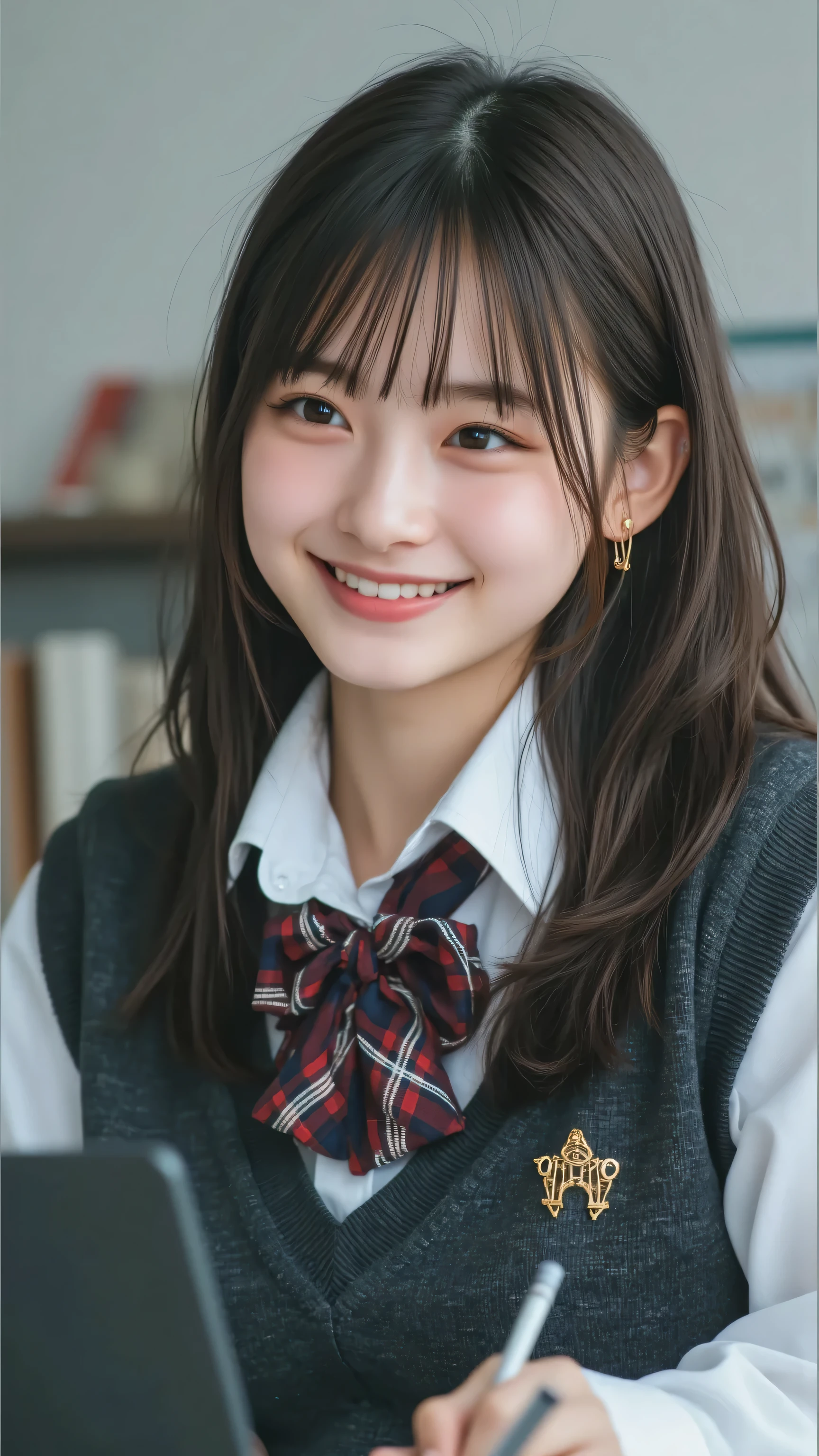 A Taiwanese senior high school student with a natural handsome face and wearing school uniform, focused on an mathematics online course displayed on her laptop screen, holding a pen and taking notes. The setting is a brightly lit study room with a bright and cozy atmosphere, soft natural white lighting, and neatly arranged bookshelves in the background, detailed photo style.