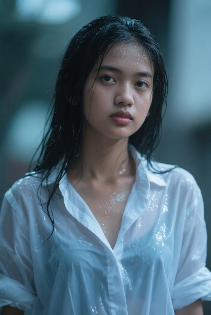 (best quality,8k,ultra-detailed,high-resolution,realistic,photorealistic:1.2),a girl in the rain, Asian woman seeking shelter, beautiful detailed eyes, beautiful detailed lips, long eyelashes, detailed facial features, intense emotion, raindrops falling on her face, wet hair, drizzling background, dim street lights, soaked clothes, photographs, realistic paintings, illustrations, raindrops falling on her face, wet hair, soaked dress, blurry background to indicate a scene of drizzling rain, rainy day, metropolis, dim and soft lighting effects, lying on the bed, ((close your eyes))