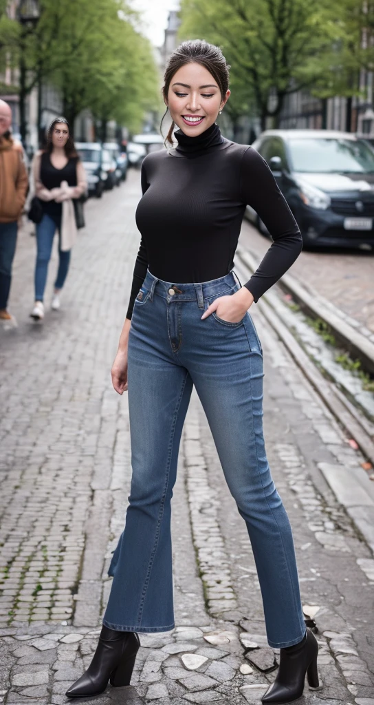 1girl, lariroche, rimless eyewear, black cropped jacket, high heels, black boots, makeup, eyeliner, pants, full body, outdoors, street, road, city,