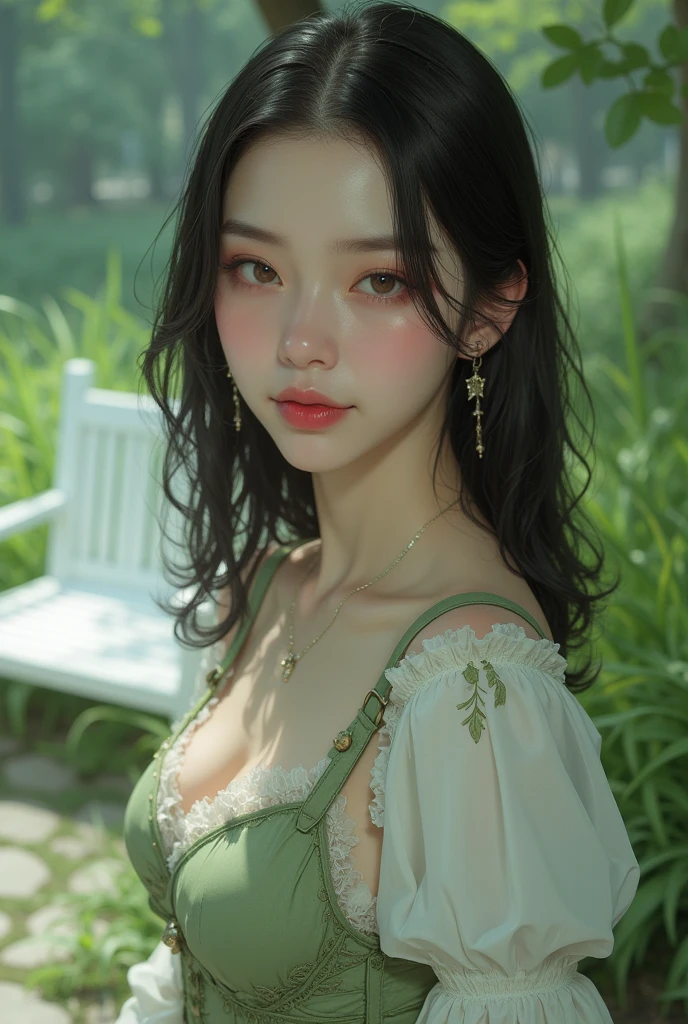 A necklace and earrings are worn around his neck，A green dress over the shoulders，Woman in green dress on shoulder