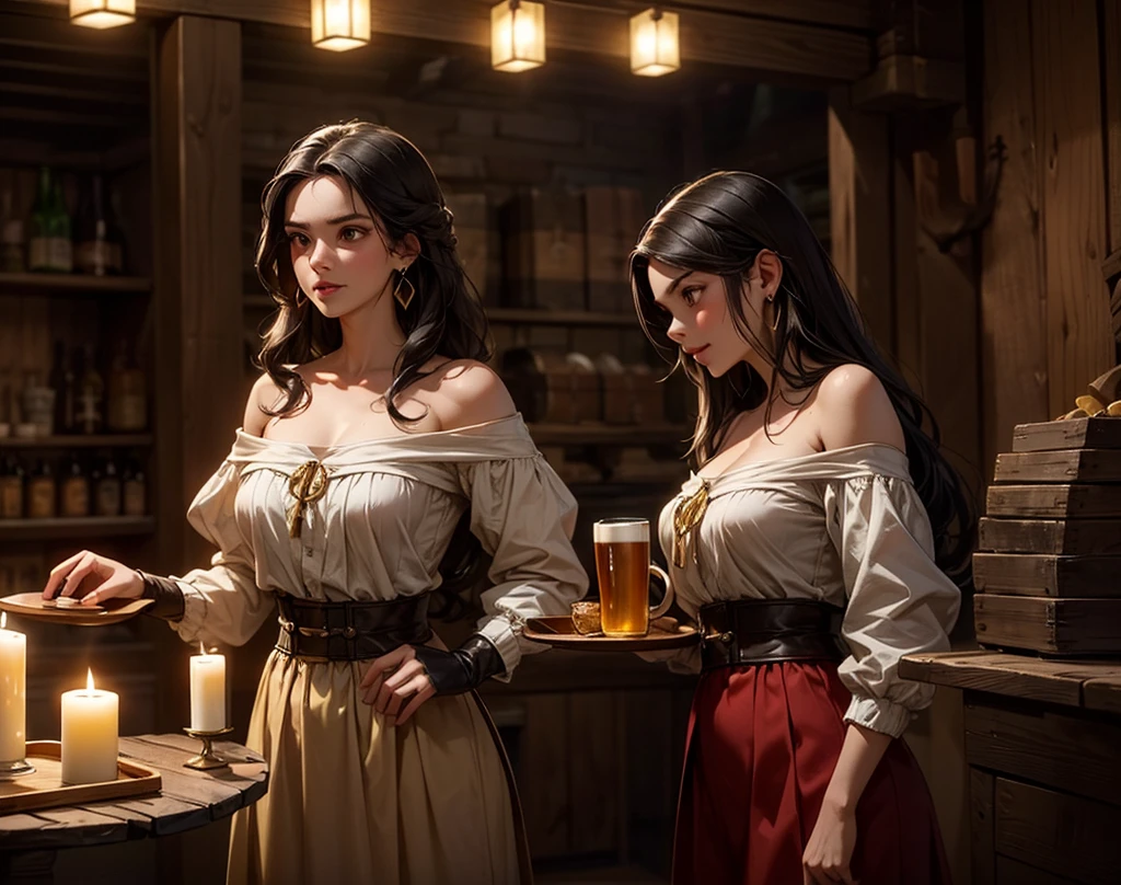 In a medieval village, a man is drawn to a quaint tavern where a woman dressed as a tavern maiden greets him. Her handmade outfit, a simple yet alluring dress with a cinched waist and flowing skirt, hints at her playful nature. The room is filled with warmth and laughter as they share a private moment by the fire.

