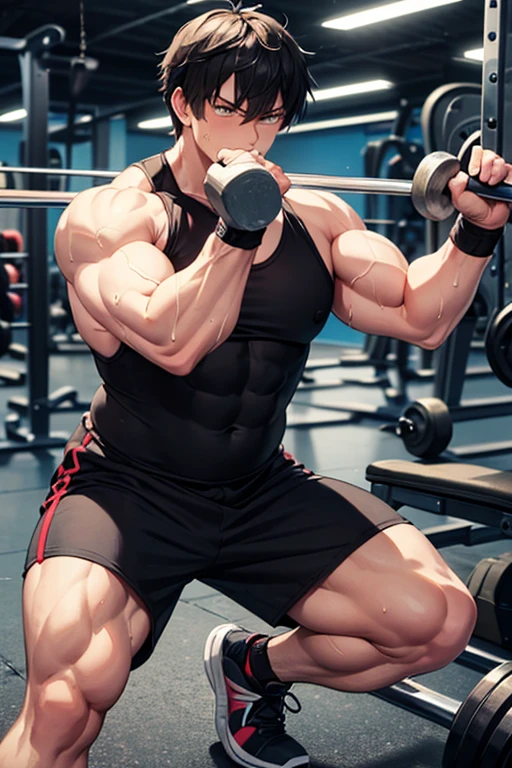 (work of art, best qualityer,)((detailded)) (one men) 肌肉男, Red hair, Eyes red, Homem com raiva, defined muscles, cross cut scar on chest, gym shorts, one men com corpo musculoso, muscular character, photo by full body, superhero body, full character body, full body concept, detailded full body concept, muscle body with battle scars, figura muscular, realistic proportions!!, full body and head, the embodiment of anger