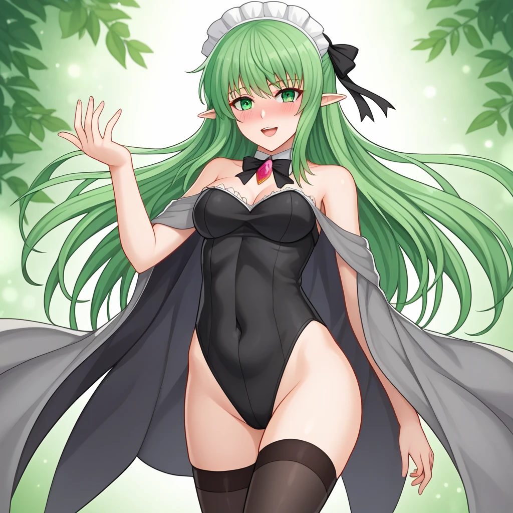 una joven goblin de aspecto encantador pero travieso. Sus ojos amarillos brillan con astucia y curiosidad, siempre explorando su entorno con un brillo travieso. Su piel verde resplandece con un tono vibrante, showing their connection with nature and their home in the forests. Su pelo blanco como la nieve cae en largas coletas, adding a striking contrast to your skin and eyes. Las coletas, aunque recogidas, They give it a playful and carefree air. Siempre parece estar lista para emprender una aventura o una travesura. Viste un vestido de mucama blanco y negro, con la falda que cae por encima de las rodillas, lo que le permite moverse con facilidad mientras realiza sus labores cotidianas. Las medias blancas llegan hasta sus muslos, aportando un toque coqueto y femenino a su atuendo. Although his clothing might suggest ??????????, Zibra carries with her a spark of rebellion and determination, proving that she is much more than a simple maid.
