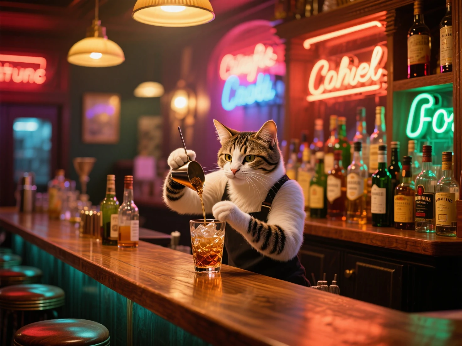 A bartender cat in a stylish vest and bow tie mixing a colorful cocktail behind the bar counter.
