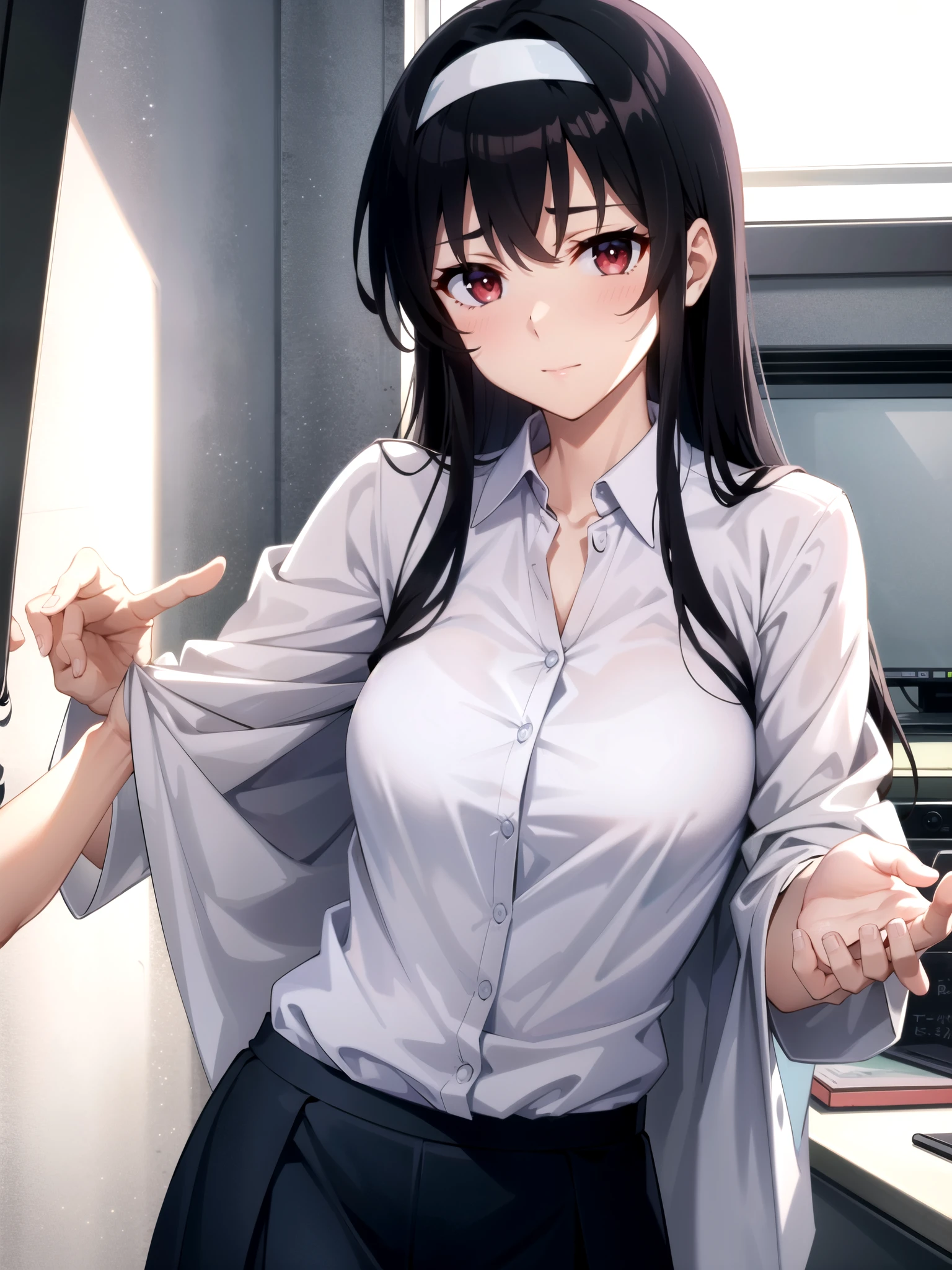 tall body, tall, long legs, mature female, mature, adults, eft_SAEKANO_It's not coming , 1 girl, kasumigaoka It's not coming , solo, long hair, headband, black hair, Red Eyes, upper body, white headband, shirt, bungs, indoor, viewers looking straight up, closed mouth, chest, skirt for ears
