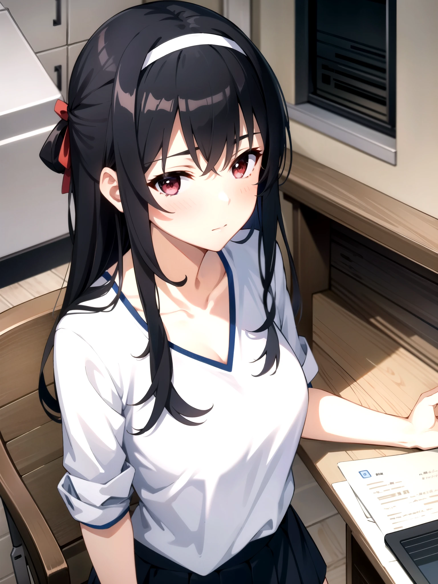tall body, tall, long legs, mature female, mature, adults, eft_SAEKANO_It's not coming , 1 girl, kasumigaoka It's not coming , solo, long hair, headband, black hair, Red Eyes, upper body, white headband, shirt, bungs, indoor, viewers looking straight up, closed mouth, chest, skirt for ears
