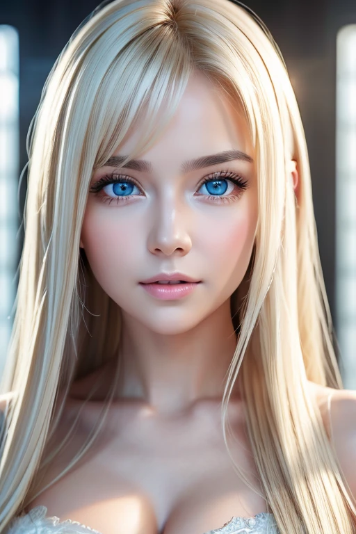 Dressed、(Photorealistic:1.4)、(ハイパーRealistic:1.4)、(Realistic:1.3)、(Smooth lighting:1.05)、(Improved cinematic lighting quality:0.9)、32k、1 Girl、Very cute expression、A beautiful 16 year old blonde girl、bangs that fall on the face、Bangs left over the eyeessy bangs between the eyes and nose、Realistic top lighting、Backlight、Face Light、Super long silky platinum hair、Blonde rays、(Bright light:1.2)、(quality improvement:1.4)、(Highest quality realistic textured skin:1.4)、Very beautiful, detailed, shiny, very bright, mint blue, large eyes、Very big eyes、Detailed face、A careful eye for quality、(Tired, sleepy and satisfied: 0.0)、Face close up、T-Shirts、(Enhances the body line:1.1)、(Enhances the beauty of skin texture:1.1)、Cheek gloss highlighter、Small Face Beauty、Round face