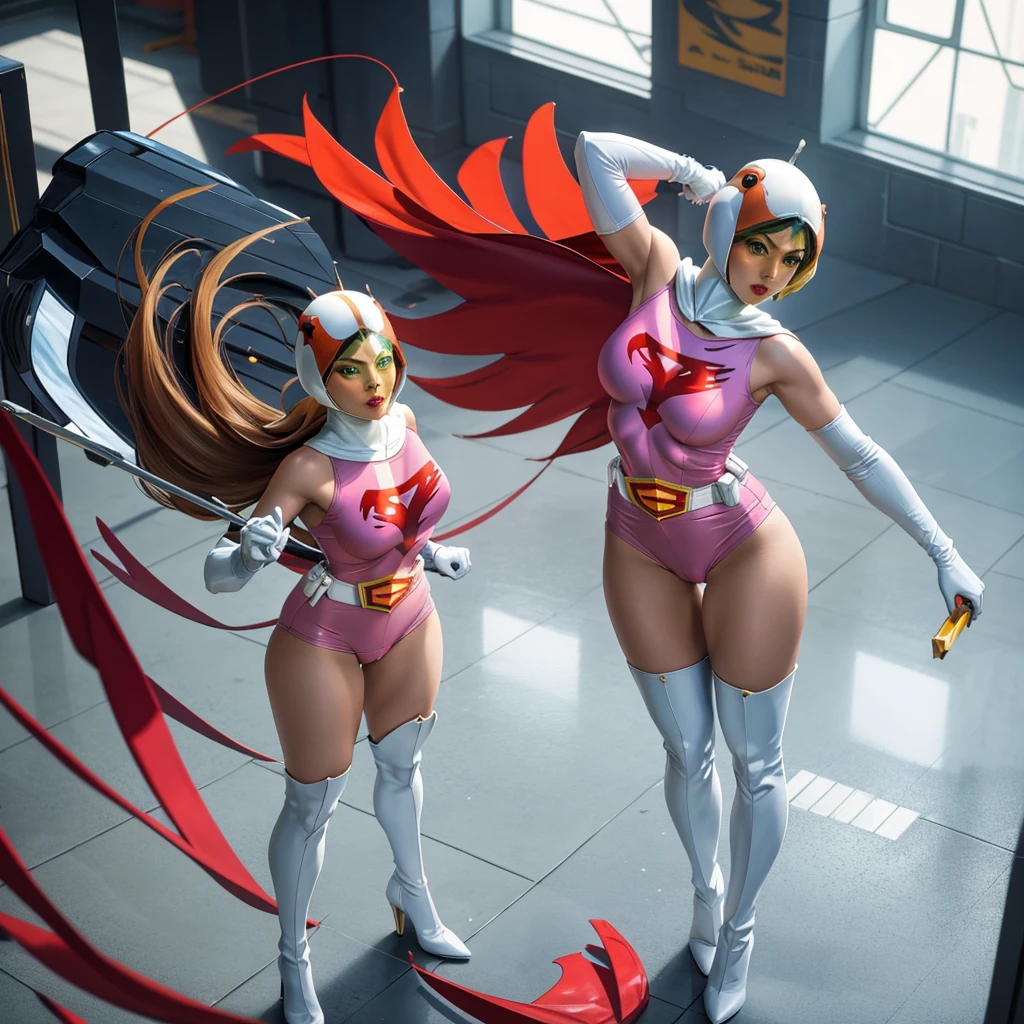 Anime girl with angel wings and a pink bodysuit posing, Abnormally enlarged hips, tits, super wide angel, biomechanical tits, tits proportions, chic, Bubble Gum Body, Shiny skin, Highly detailed body, Cute sexy ass, latex BODY suit, Pink Hair, Heart-shaped earrings, A-line bob cut hair, Heart hands, blue eyes, Blue glowing eyes, Circle of angels overhead, torogao, tongue out, saliva, blush, giggling