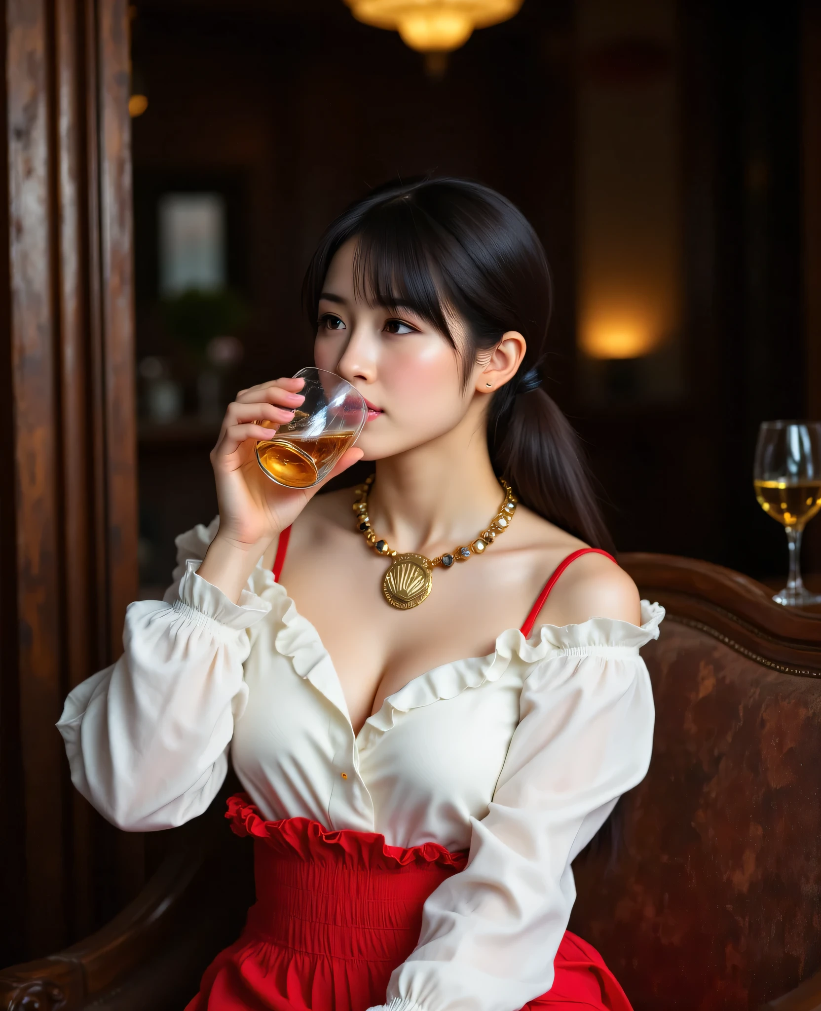 (8K, born, Top quality, masterpiece: 1.2), (realista, Photorealist: 1.37), ((Hidden bar)), Charming 45-year-old Japanese woman, (White blouse with gold medal and red skirt with ruffles), ((shell necklace)), ((Drinking whiskey with a glass in her hand:1.3)), (European-style interior:1.4), dark light,