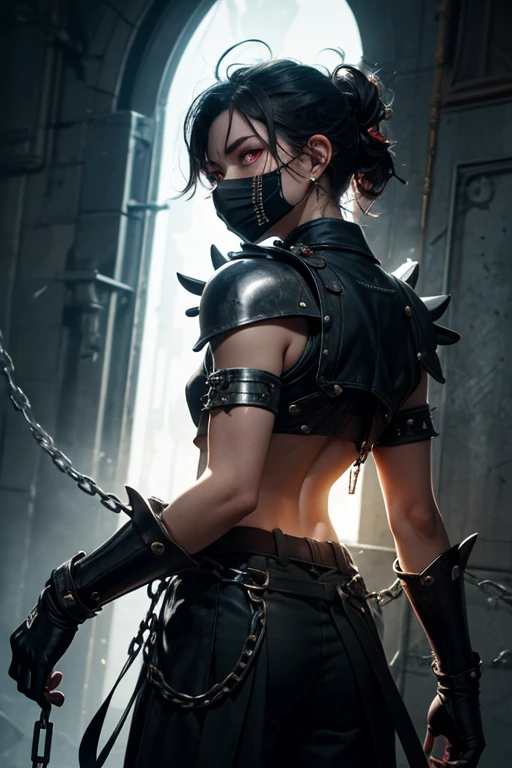 Prisoner of war, ninja, ponytail, black mask, big breasts, torn clothes, cloth wrapped around chest, restraint, angry, slanted eyes, full body wet, wet crotch, wet thighs, watery eyes , shy, tall body, seductive body,best quality, masterpiece, wide hips, slightly muscled ,