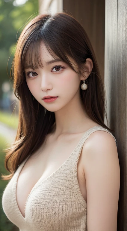 masutepiece, Best Quality, Illustration, Ultra-detailed, finely detail, hight resolution, 8K Wallpaper, Perfect dynamic composition, Beautiful detailed eyes, Natural Lip, Knitwear with open chest、knit gray knit dress , Same as, cleavage, Cross legs