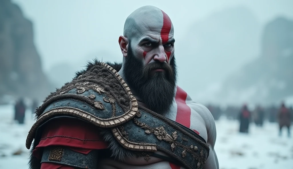 a cinematic shot for god of war, (Muscular body:1.2), (dark:1.2), (cinematic atmosphere:1.2), RAW photo shot by dslr Fujifilm XT3 depth of field bokeh soft lighting film grain photography Realistic photorealistic Lifelike, (detailed clothes photo background) (full sharp:1.2) intricate 4k 8k quality resolution uhd extremally ultra skin texture