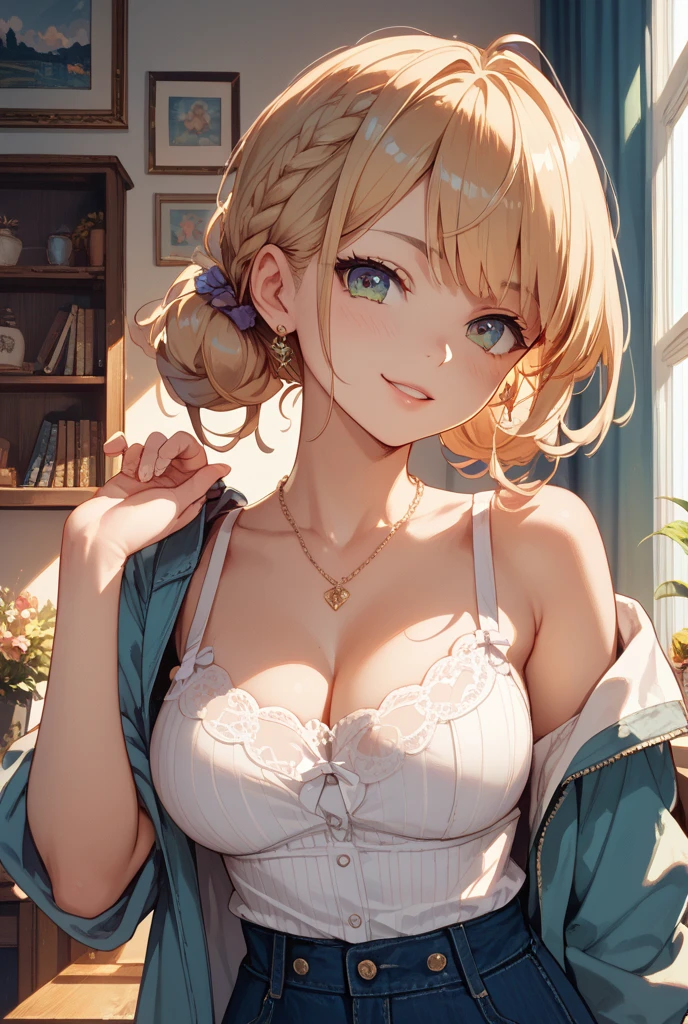 absurd, super detailed,bright colors, very beautiful detailed anime face and eyes, look straight, ;d, shiny_skin,25 years old, short hair, , asymmetrical bangs, (Blonde short twin tails:1.4),(put on clothes:1.7),(bra very:1.4),shiny hair, delicate beautiful face,(surprised:1.7) ,blush、blue eyes, White skin, Barrette, earrings, necklace,(brown sleeveless:1.2), beautiful clouds, dusk sky,