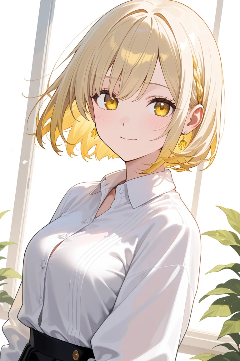 ((Top Quality)), ((Masterpiece)), (Detail), high resolution, Perfect Face, Fine Eyes, Depth of Field, Special Shading, cowboy shot, (1 Beautiful girl), medium breasts, (wheat beige hair, pixie cut, hair flops, hair over eyes)), , dress shirt, pleated skirt, Scenery of the countryside,