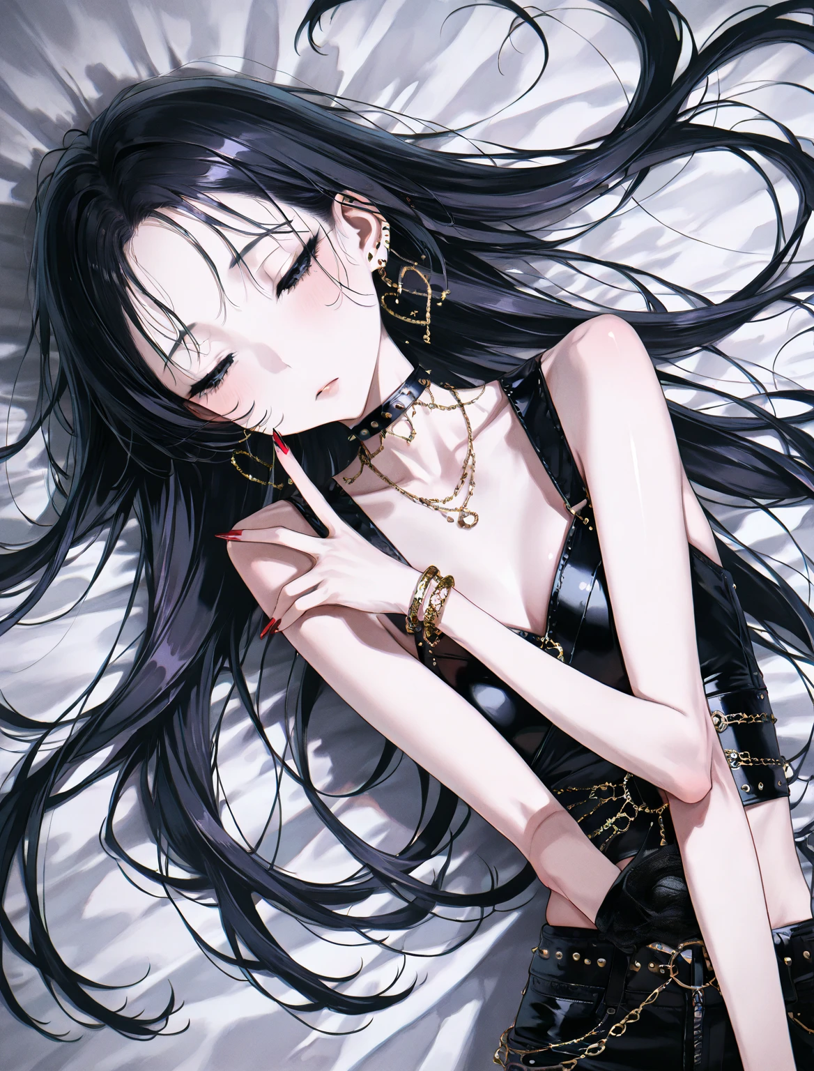 Long black hair, all-black full-body cheongsam, obvious eyeliner, small breasts, long legs, cat ears
