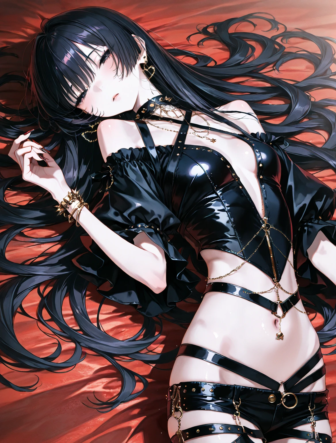 Highest quality、Highest quality、Masterpiece、girl((Metal body,Age 25、as soon as、Highest Bust、Medium Bust、Wide open chest、Red glowing eyes、Black Ear、Red Mesh、Disheveled Hair、Loincloth、thin、The best valley、Open chest、Luminous Wristbands、hair ornaments、Full body view、Black Dress、scar、cell phone、A little muscular、Ruby Necklace、))、high quality、Beautiful Art、background((night、Concert Hall、Black Bird、Black butterfly))、flight、Flying Debris、Depth of text、movie、Visual Arts、Perfect Art、8K、Genuine、
