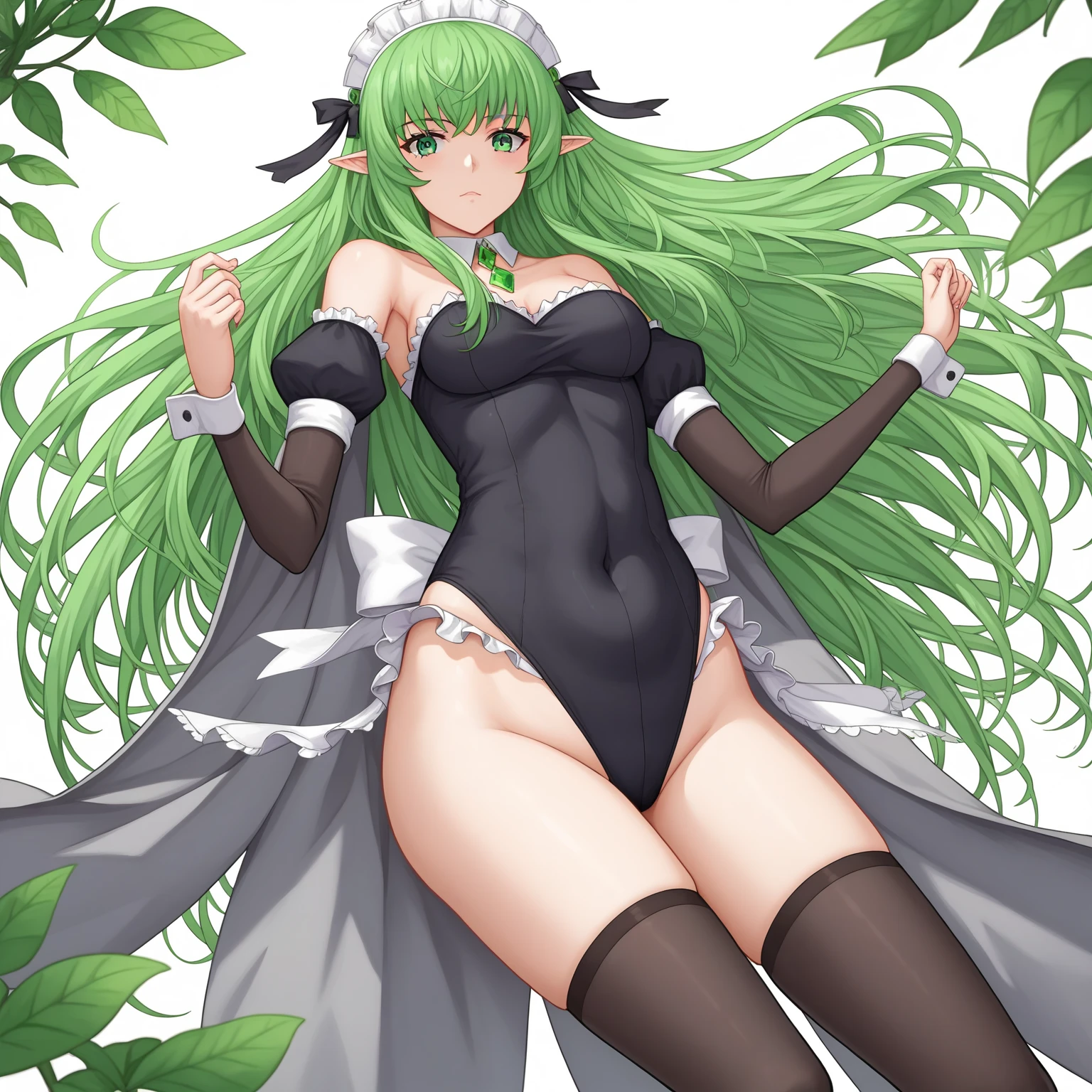 Anime girl with green hair and purple leotard, seductive anime girl, full body art of anime woman, ecchi anime style、!! Full body portrait!, Zodiac girl knight, anime style, beautiful charming anime woman, beautiful charming anime , outfit: leotard
