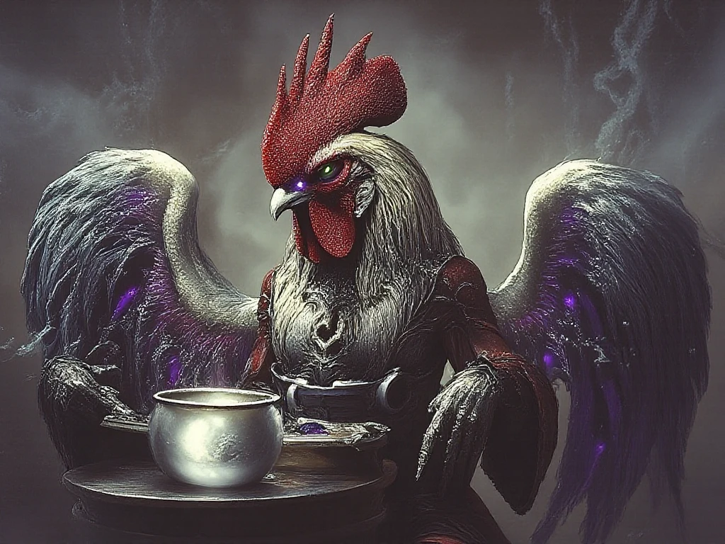 Close up of a man sitting on the floor, he has a chicken head, king of roosters, anthropomorphic chicken, kenku, rooster, tengu mask, rooster!!, surreal concept art, surreal concept art, chicken feather armor, bird warrior, realistic concept art, amazing 8K character concept art, 4k concept art and surreal, gorgeous background