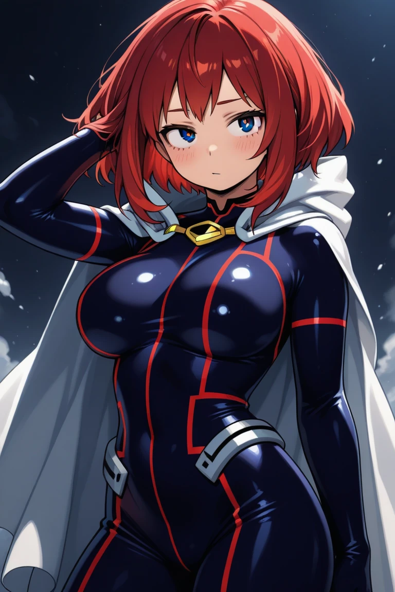 1girl, ultra high res, large chest, body suit, covered navel, cape, smile, red eyes