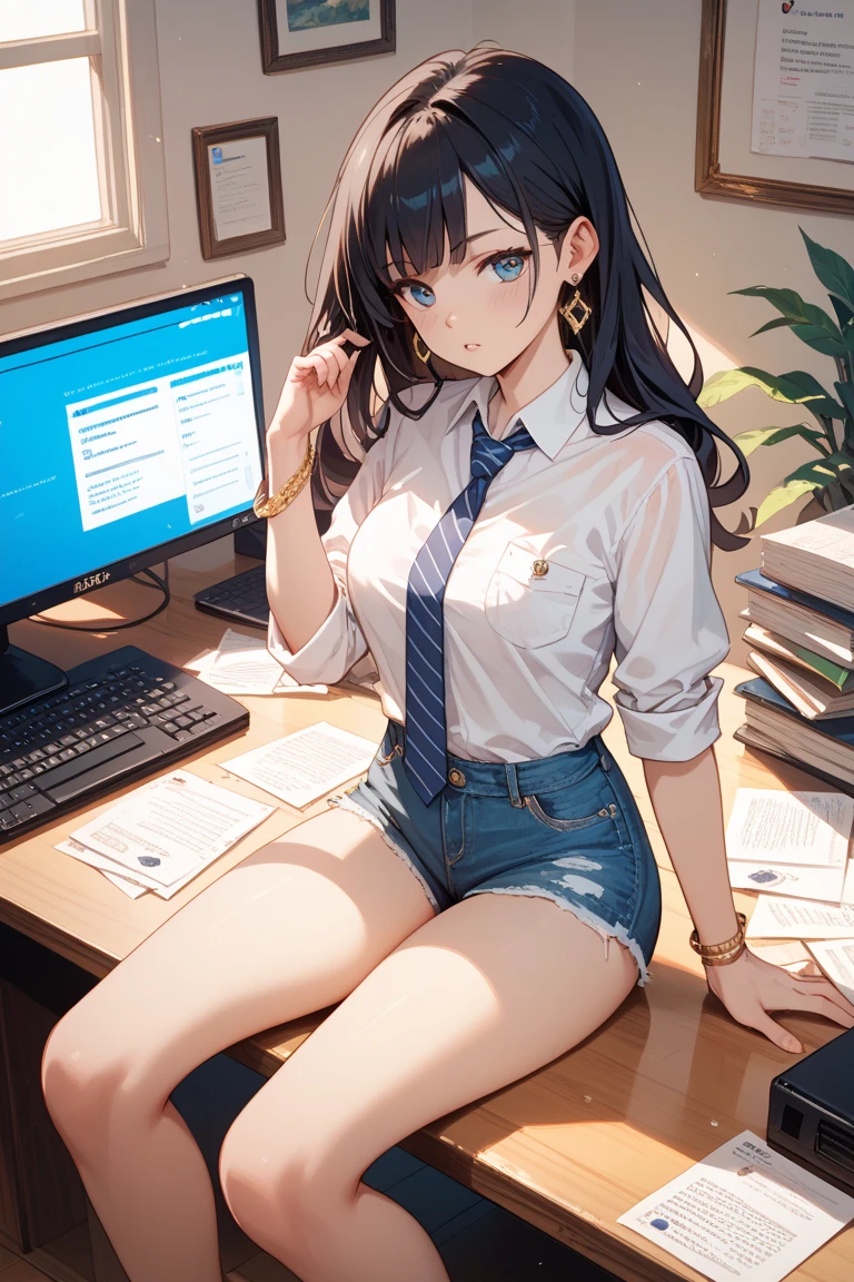 7th March, 7th_march, 1 girl, solo, ((white suspenders)),(transparent:1.2), black thighs, breasts, big breasts, uniform, office background, black skirt, pleated skirt, office, hair between eyes, blue earrings,room, long hair, looking at the audience, pink short nails, blue eyes, solo, thighs thighs, thighs, (((masterpiece)), sitting, chair, computer on table, name tag, ID tag, interior, blush, sexy pose, hands behind your back,