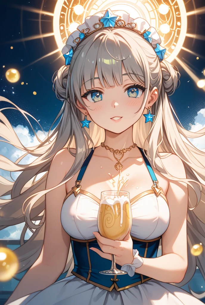 (masterpiece)、(absurdres)、(ultra detailed)、((solo lady)、(blonde hair:1.0)、(shiny red eyes:0.7)、(highponytail:0.9)、(a little red libbon:0.8)、(long hair:0.7)、((middle breast:0.8))、BREAK,Frills、White one-piece swimsuit、BREAK,Seaside beach、Toast with a beer mug、closed eyes,smile,Fireworks and starry sky、