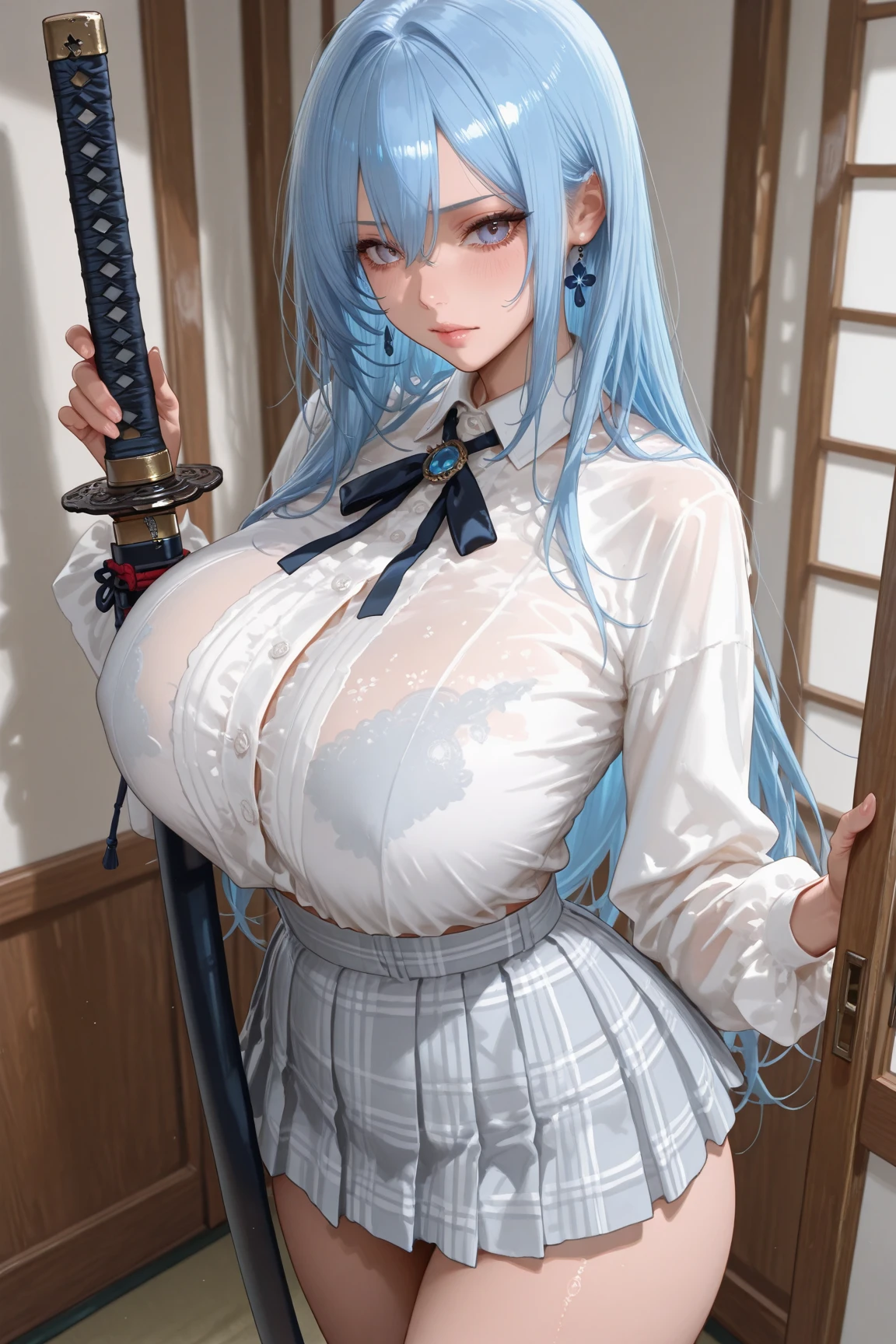 (((Slashing monsters with a horizontal slash of her Japanese sword))) High school girl, (((Leg wide and in a low position))) in the streets of Shibuya, surrounded by monsters, long light blue hair, diagonal cut bangs, (((Her chest is open and her breasts are exposed))) uniform jacket, slightly exposed nipples, protruding areola, short uniform skirt,Top quality, ultra-realistic and highly detailed colors, fine details, delicate lines, the beautiful woman has incredibly large saggy breasts, a tight waist, a super beautiful woman, no frame splitting,