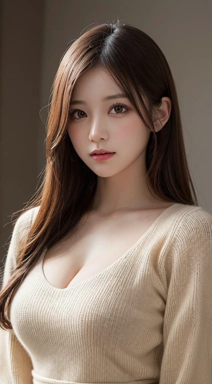 masutepiece, Best Quality, Illustration, Ultra-detailed, finely detail, hight resolution, 8K Wallpaper, Perfect dynamic composition, Beautiful detailed eyes, Natural Lip, White knitted dress , Big breasts, cleavage