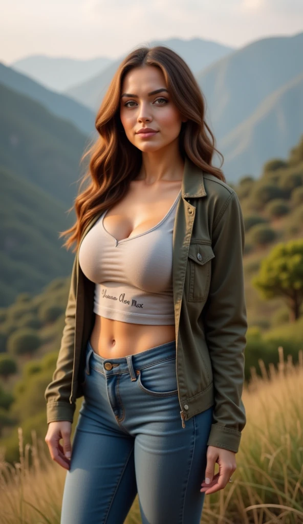 (overhead view:0.95), full body view, Natalie Portman in the distance, aged 19, sfw, slim, arafed, soft lighting, young, (extremely tall body), (tired), (very long legs:1.4), symmetric breasts, detailed beautiful symmetric eyes, looking away, national park setting, trees, boulder, (waterfall:0.9), mountains, sky, hiking, auburn hair, (extremely long full messy wavy hair), massive colossal breasts, long tank top, loose-fit baggy jeans, hiking boots, baseball cap, wearing an overnight backpack, arms swinging, cleavage