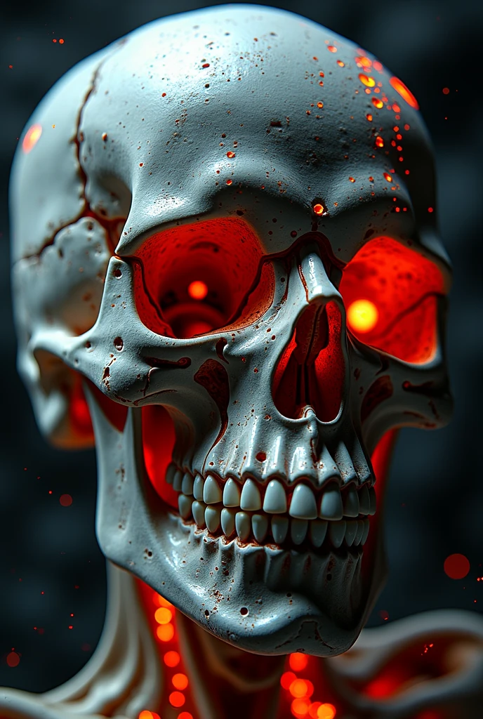 Canon 50),(Rendered by octane),8k, cinematic lighting, (very strong blue lighting from behind), (light orange glow on the left side, 1 skull, high complexity of details, fissures in the skull, dark scenery, shine highlighted on the skull. angry expression, and hate, half-open jaw