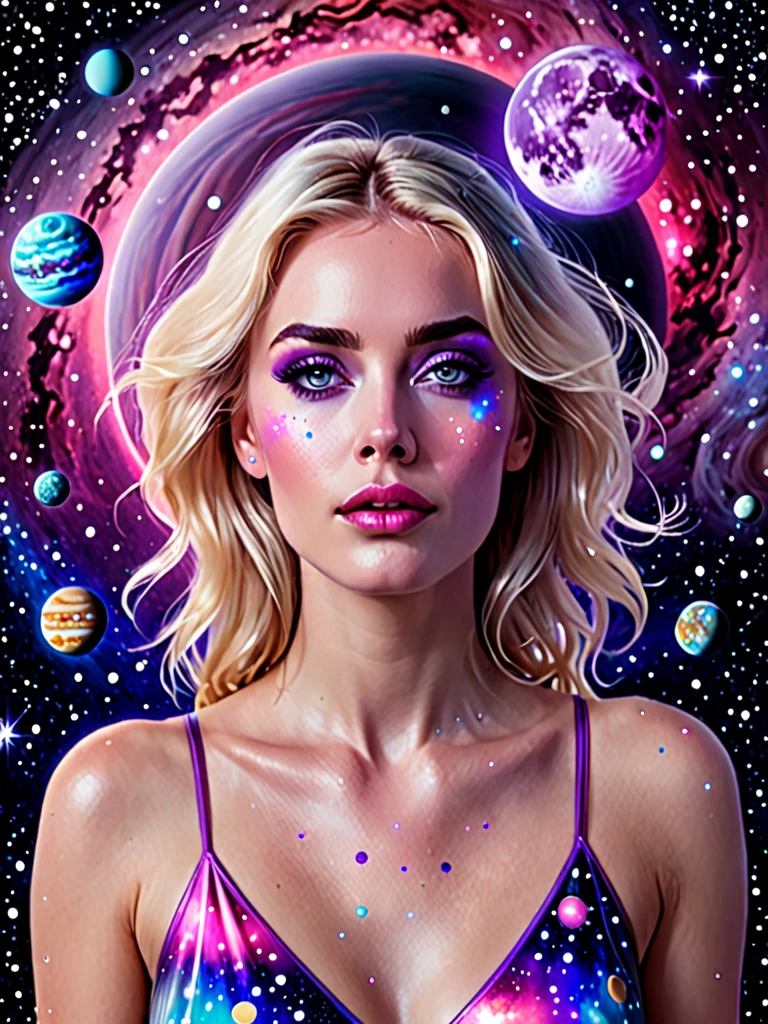 a close up of a woman in a dress and hat, blonde girl in a cosmic dress, goddess of galaxies, artgerm julie bell beeple, cosmic goddess, queen of the galaxy, futuristic art style, stunning digital illustration, glossy digital painting, jen bartel, background artwork, cyborg goddess in cosmos, goddess of space and time, beautiful digital artwork