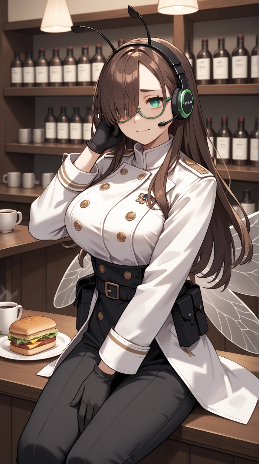 masterpiece, anime, ultra high quality cg, best quality, perfect image, solo, 1girl, dorothea (student), garreg mach monastery uniform, hat, cleavage, short skirt, thighhighs, sitting at a table, eating bread, dining hall
