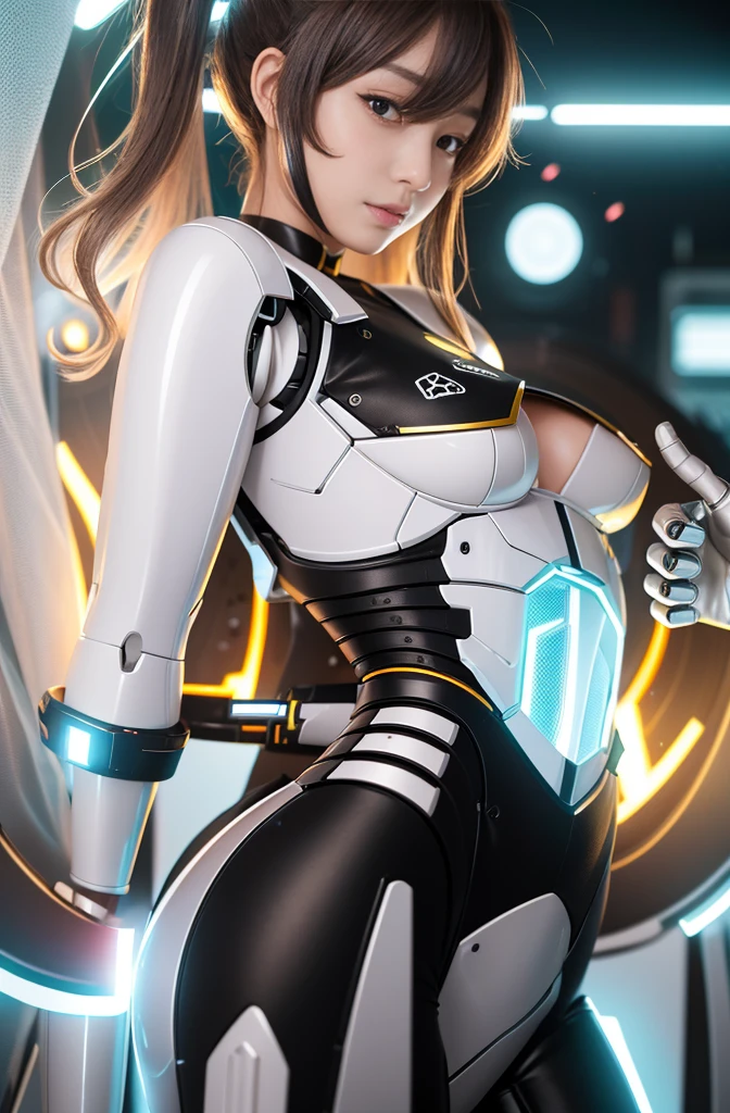 samus aran, simple background,colorfull yellow and blue ,blonde hair,cyberpunk ,thick thigs,thick,ample bosom,front pose,looking in camera,cybernatic torso,full body suit,front pose,