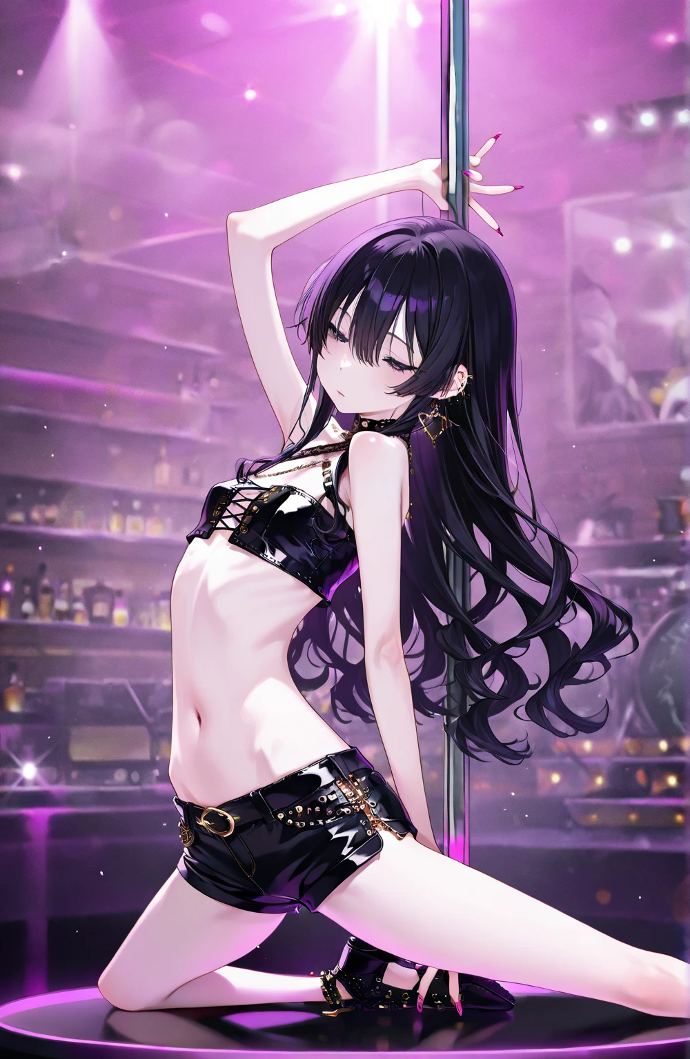Girl, K-pop, idol, singing, stage, purple lights, beautiful, ethereal, Korean, hot, girl crush concept, revealing clothes, pale skin, defined lips, curves, face focus, wink, korean, black hair, black eyes, crop top, booty shorts