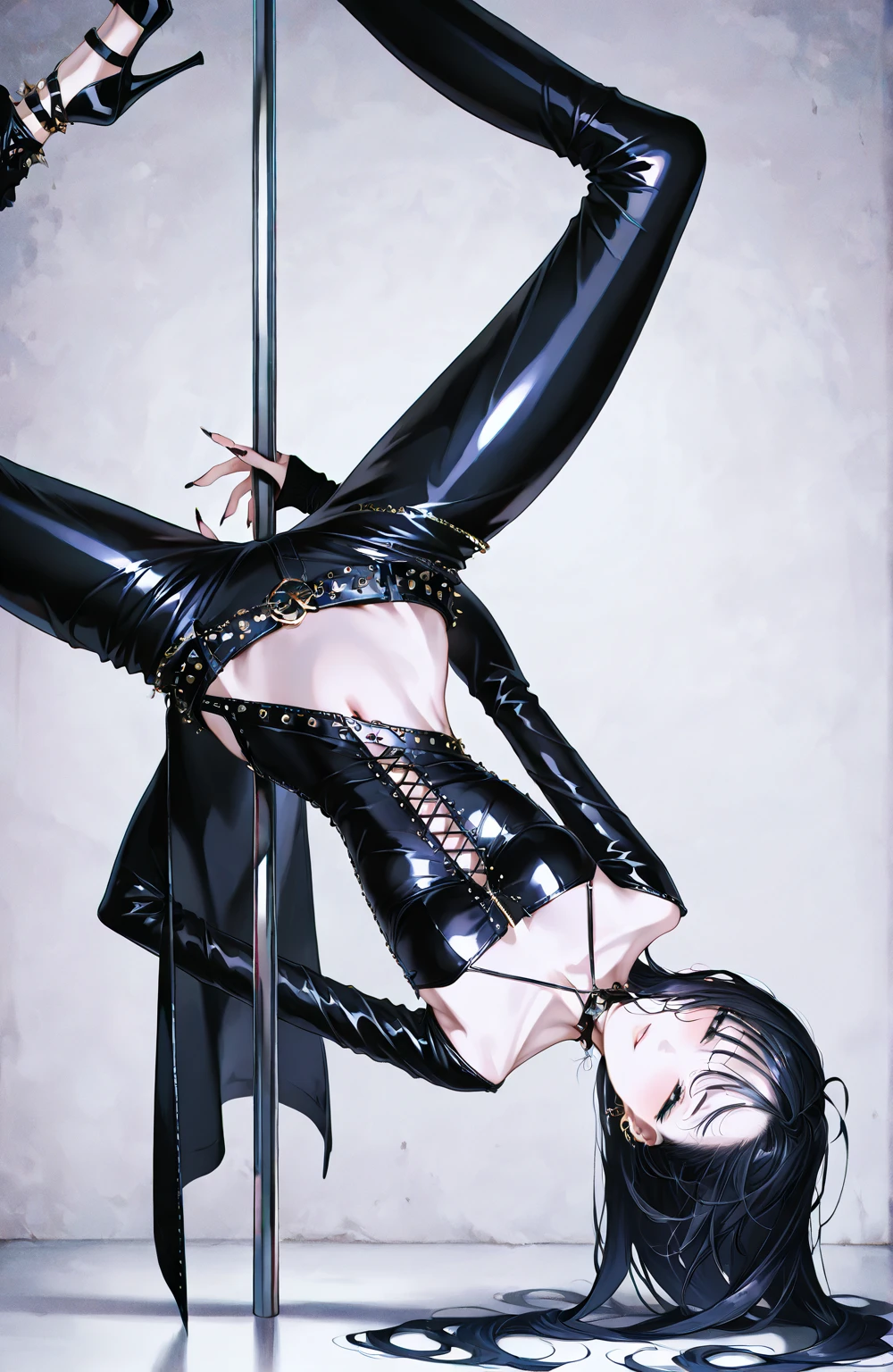 Only One Woman、Black Hair、Dark blue eyes、short hair、Visible nipples、Large Breasts、Woman straddling iron bar、Wearing a black high-leg、Tight high leg、barefoot、Cleavage、Front of the body、bondage、Suppressed、Handcuffs、Shackles、Tied to chains、Are crying、Armpits