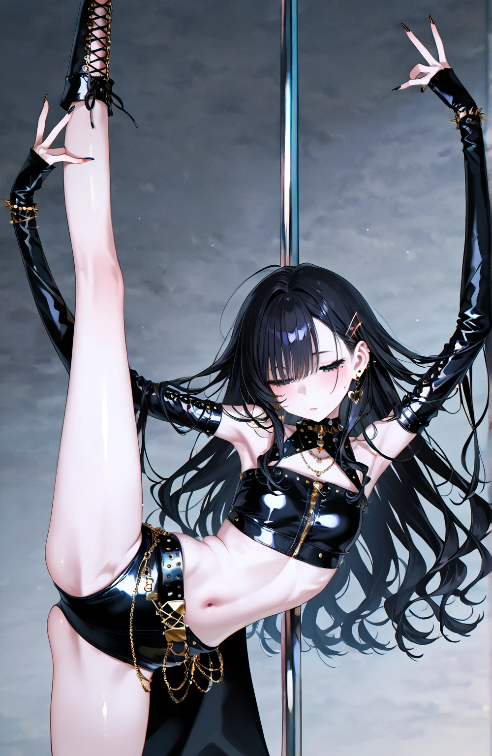 House music, techno, dance music, hip-hop, high-energy, uplifting, pads, workout, black hair: long, brown eyes, tattoo, black leather cloth, bikini, garter, hair accessories, gaze, head tilt, behind arms, (slim), (thin legs: open legs), high detail, best quality, masterpiece, detailed ice, cumulonimbus clouds, beautiful details glow, Music girl, headphones, House music, techno, dance music, hip-hop, high-energy, uplifting, pads, workout, girl struggling and standing tied up in the dungeon, (ropes), trapped, shackles,