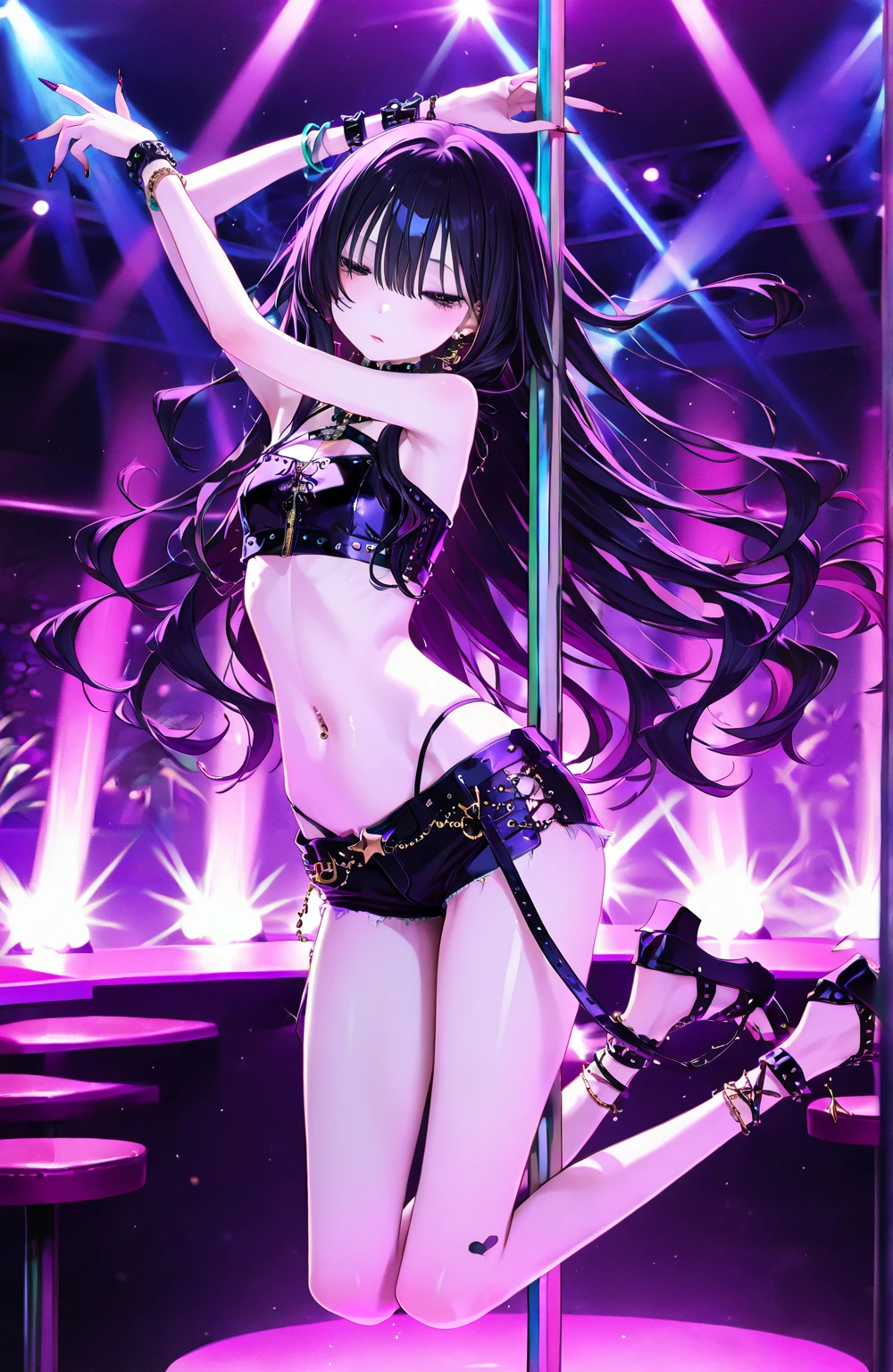 Highest quality,Highest Resolution,4K quality,Smiling beautiful girl,Full body close-up,Starry Eyes,Black hair ponytail,,Iridescent Bra,High leg,Rainbow garter belt,Rainbow colored knee-high stockings,Dark bedroom at night,Iridescent underwear,Standing posture,