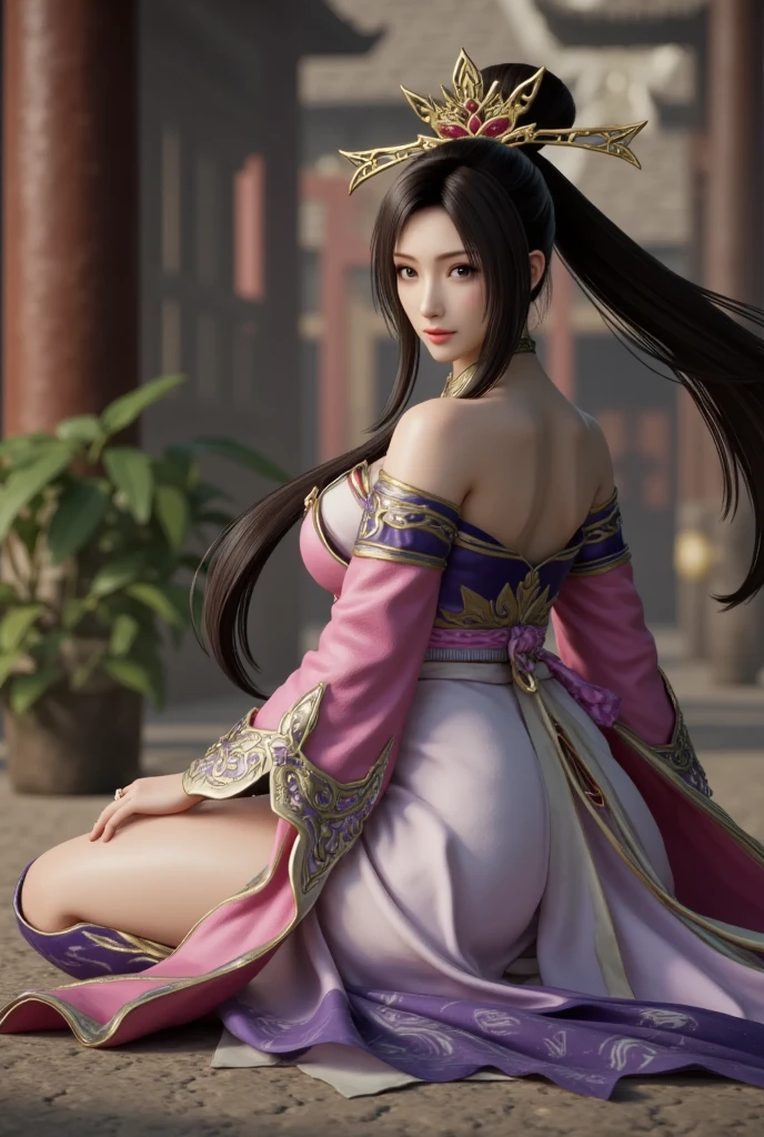 RAW photo, Full portrait of a Japanese female samurai warrior holding a longsword ((intricate detail of sword blade)), (sitting cross-legged), (Detailed Face), (beautiful glossy eyes:1.1), (highly detailed skin:1.1), ((expression of meditation or lost in thought)), perfect slim body, (big breasts:1.3), wearing an elaborate silky textured kimono with intricate imari ware design similar to Japanese ceramics of the Edo period, simple handmade jewelry, modelshoot, Fashion Photography, rococco lighting, PHOTOREALISTIC, Realistic, (surrounded by a dark temple in candlelight), blurred background, RAW, analog, sharp focus, UHD, HDH, HDR, 8k, 16k, 32k, high resolution, DSLR, high quality, Fujifilm XT3, grain, award winning, masterpiece,