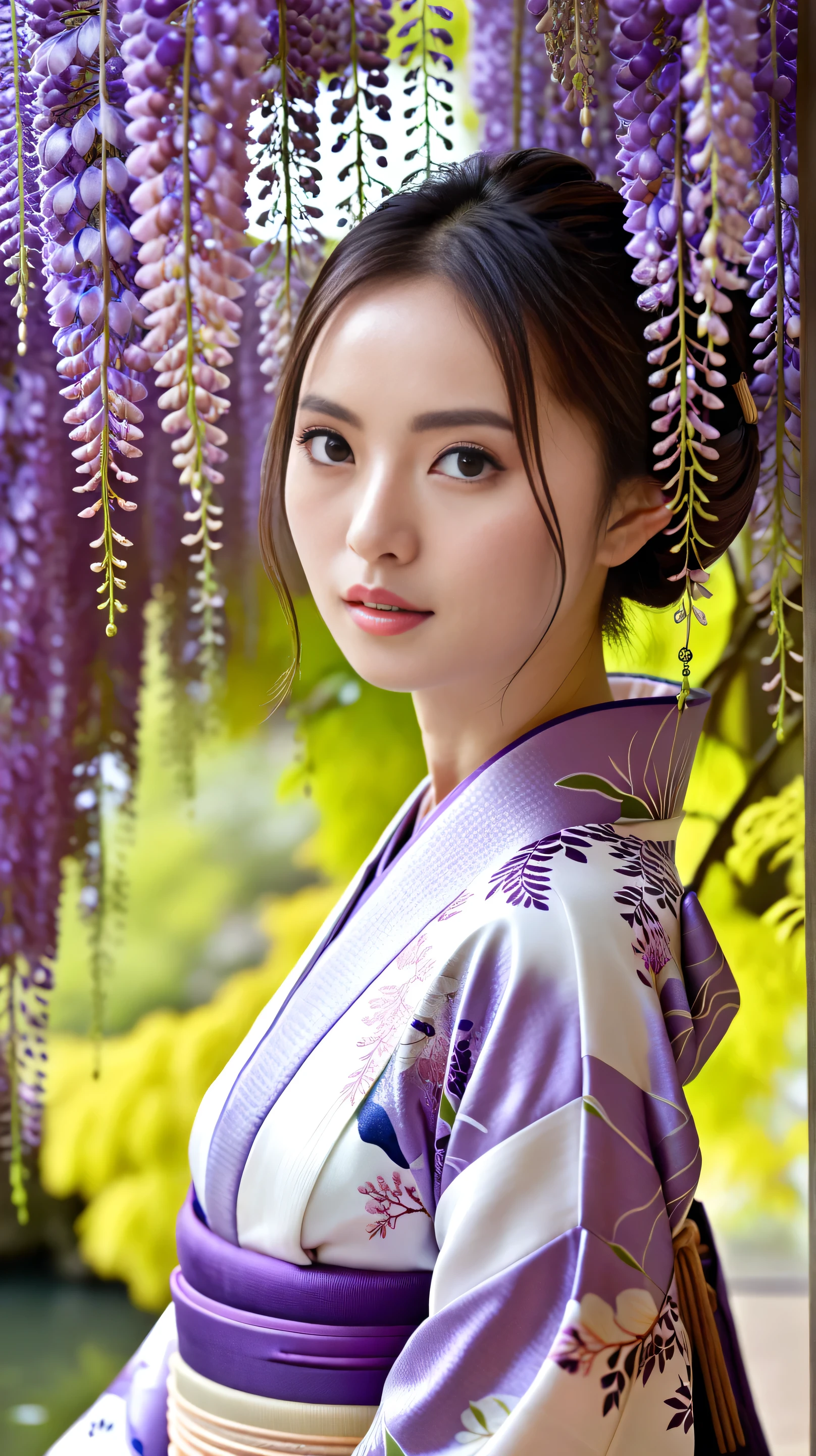 An Lovely Japanese girl in Kimono, in colorful dress, in a autumnal garden, wisteria vines, A warm and soft moon night image, Spring time, golden lighting, where which shows through in her honey brown skin tone, in her mid-20's, with a slim, athletic body build, heart-shaped face, adorned with dark brown peppered with blonde highlights, shoulder-length hair and subtle, warm undertones to her smooth, almond-colored skin, her eyebrows gently furrowed, and her full lips curled up into a gentle, reassuring smile.e.