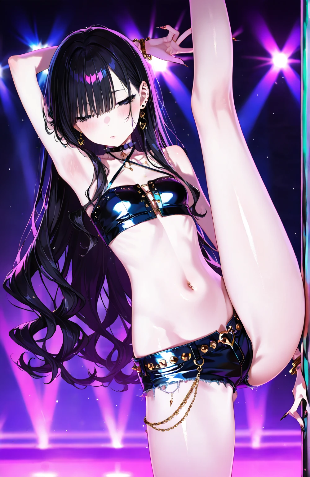 Highest quality,masterpiece,Singer-songwriter,Dark silver hair,Live Stage,Radical Slingshot Swimsuit,Small live music venue,Leg spread