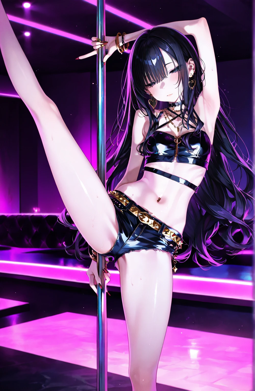In a smoky nightclub bathed in neon lights, a sizzling stripper takes center stage. Clad in nothing but a skimpy G-string and strategically placed rhinestones that shimmer with every move, she commands attention from the audience. Her hips sway hypnotically to the pulsating beat, drawing gasps of admiration as she slowly peels away layers of fabric, revealing tantalizing glimpses of her supple flesh beneath.